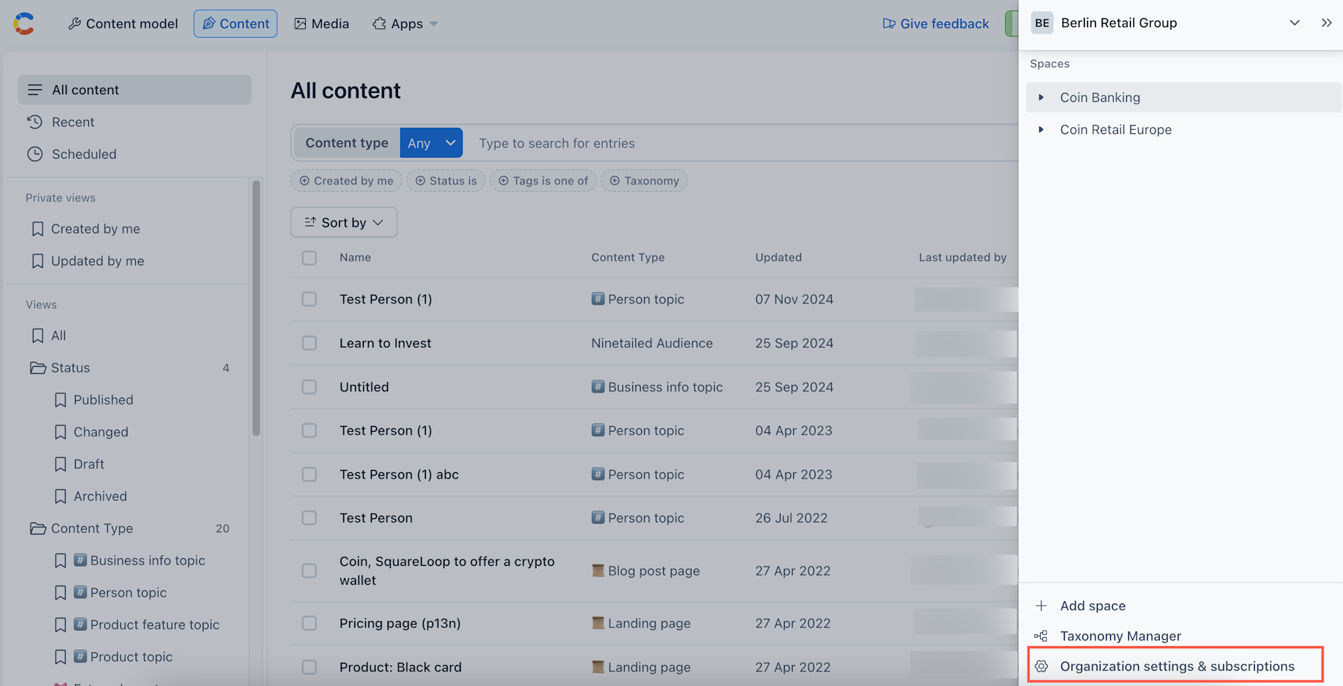 Organization settings and subscriptions