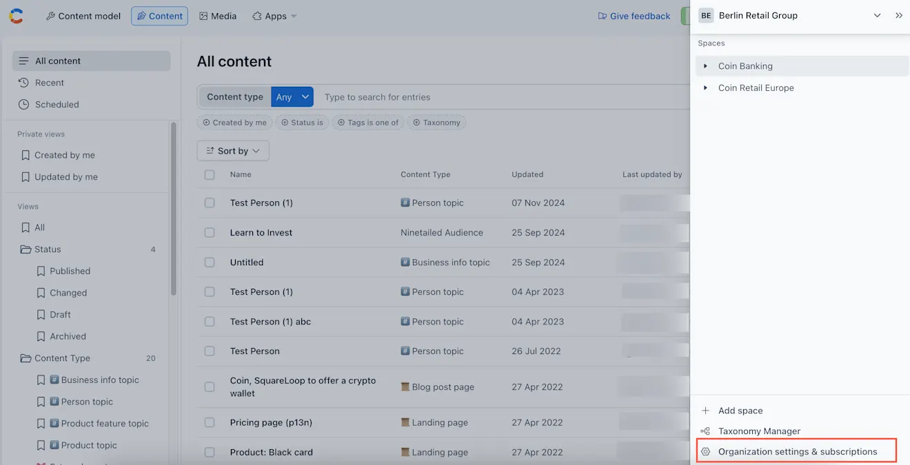 Organization settings and subscriptions