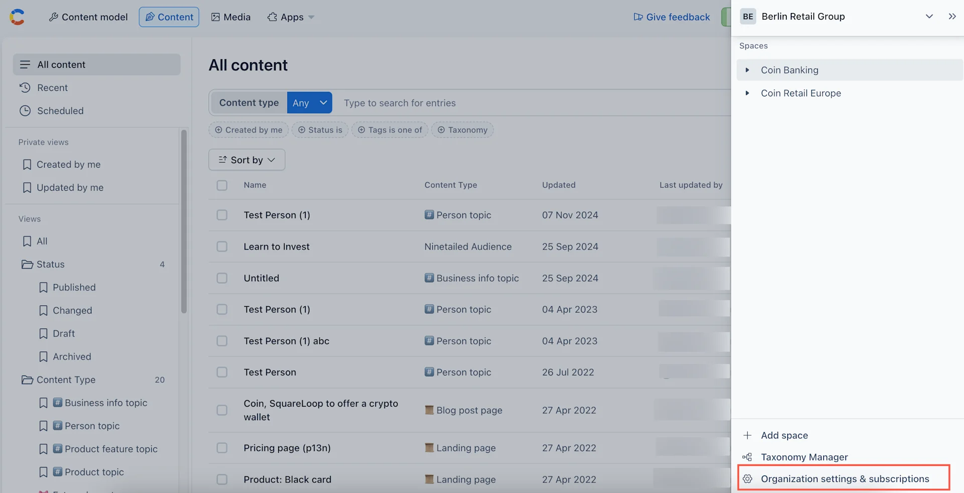 Organization settings and subscriptions
