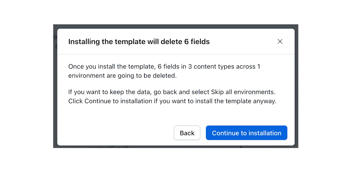 Content model templates: Confirm installation modal