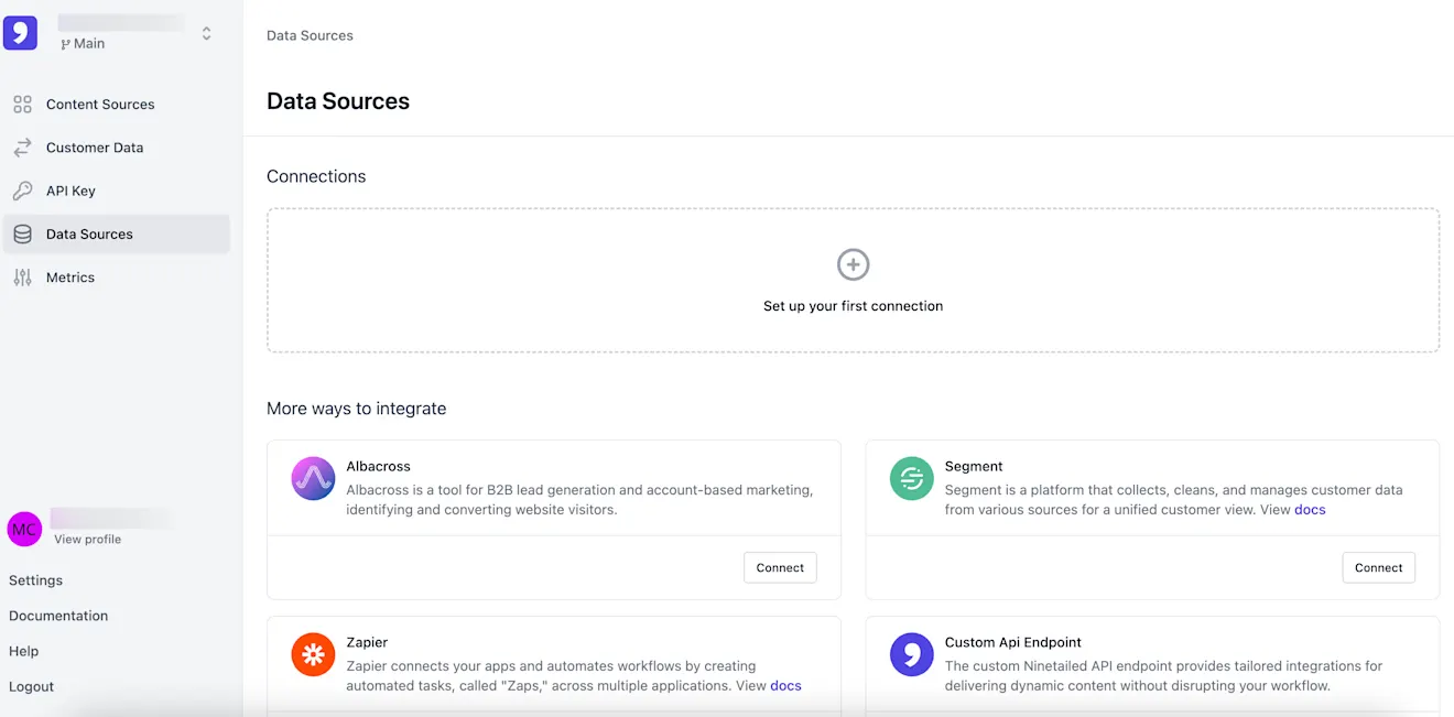 Contentful Personalization: Data Sources tab
