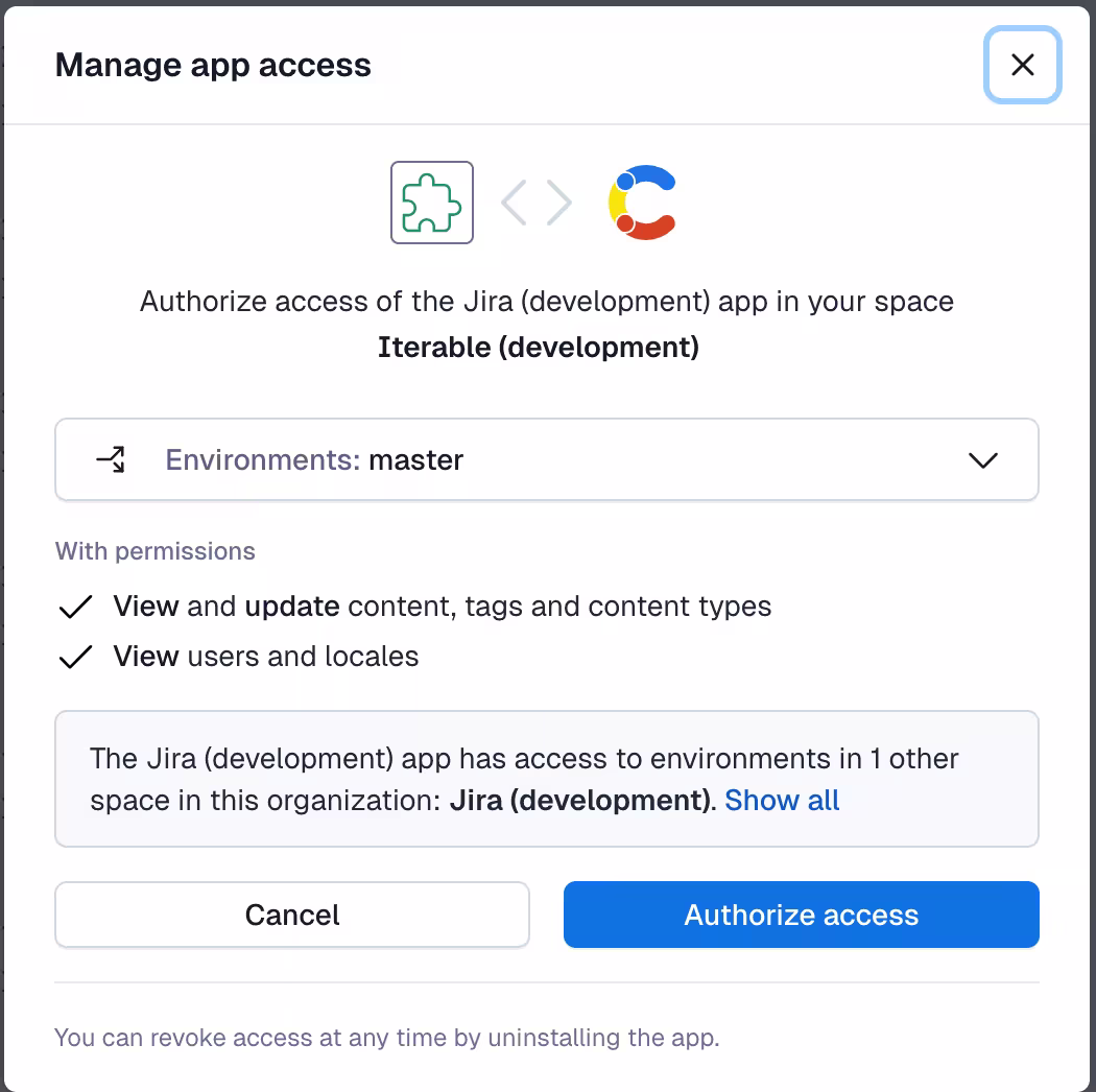 Iterable: Manage app access modal