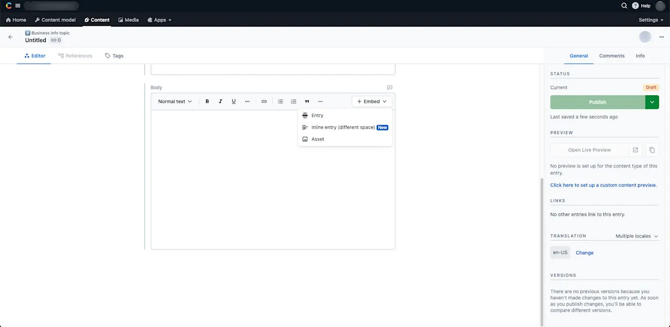 Cross-space references in Rich Text Inline entry editor