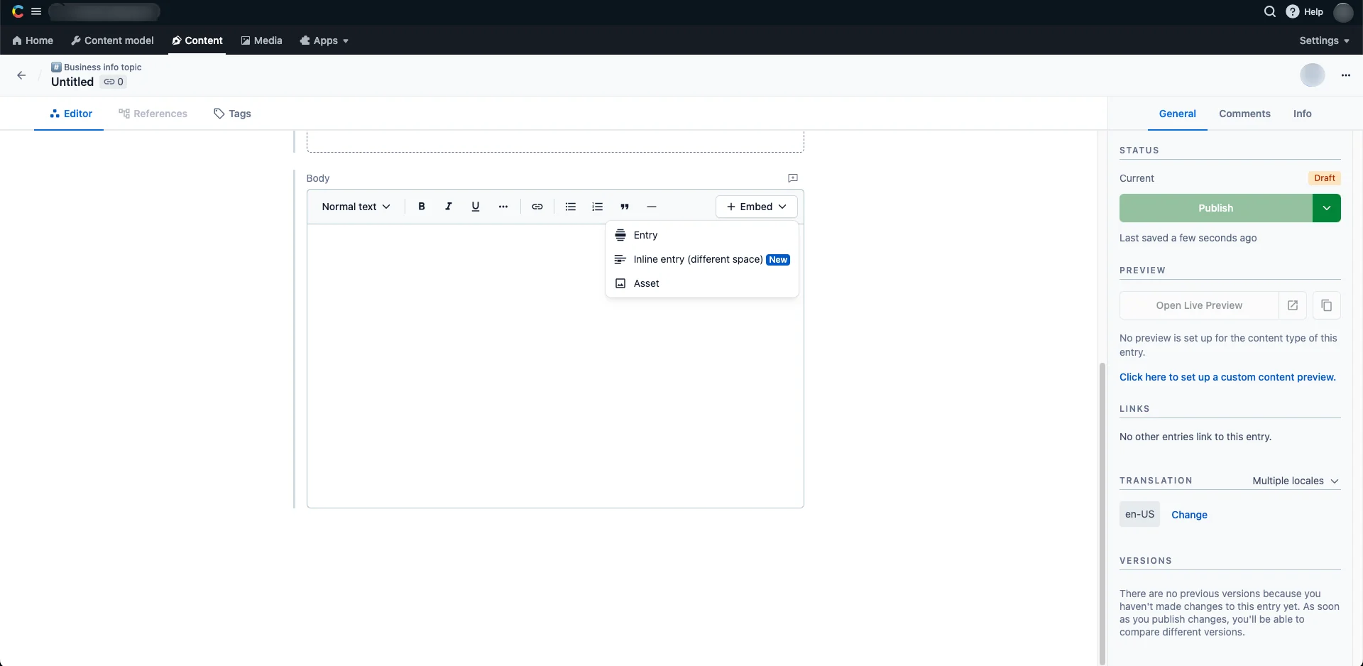 Cross-space references in Rich Text Inline entry editor