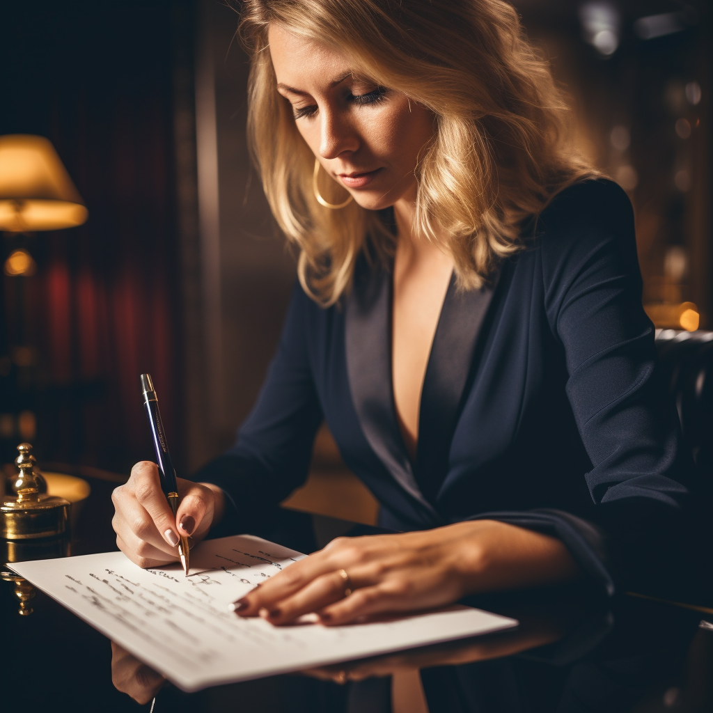 A woman holding a contract and a pen symbolizing