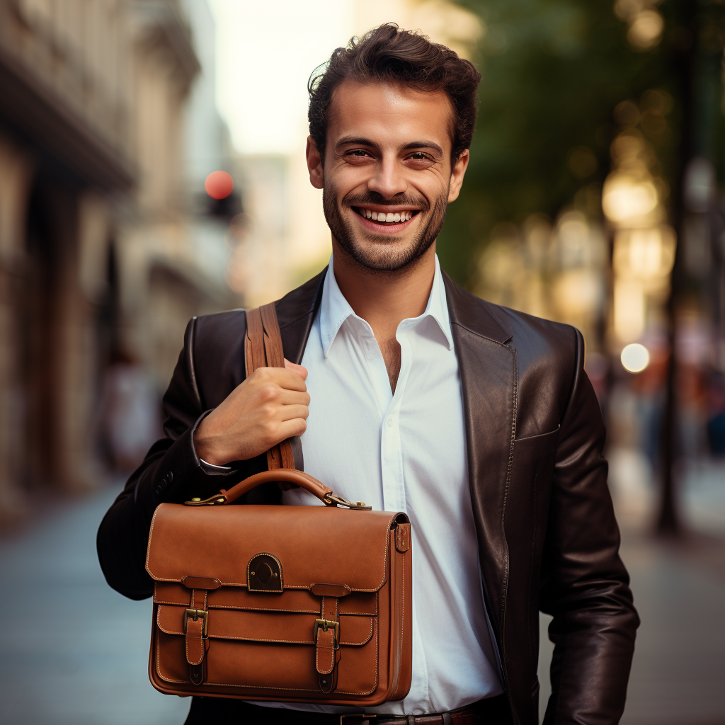 A smiling person with a briefcase and wallet symbol