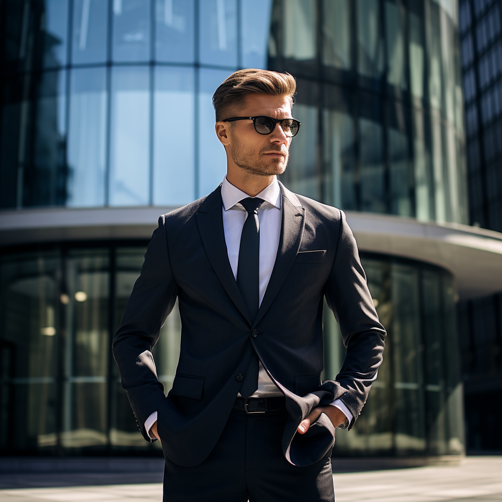 Marcin against the background of a modern office build