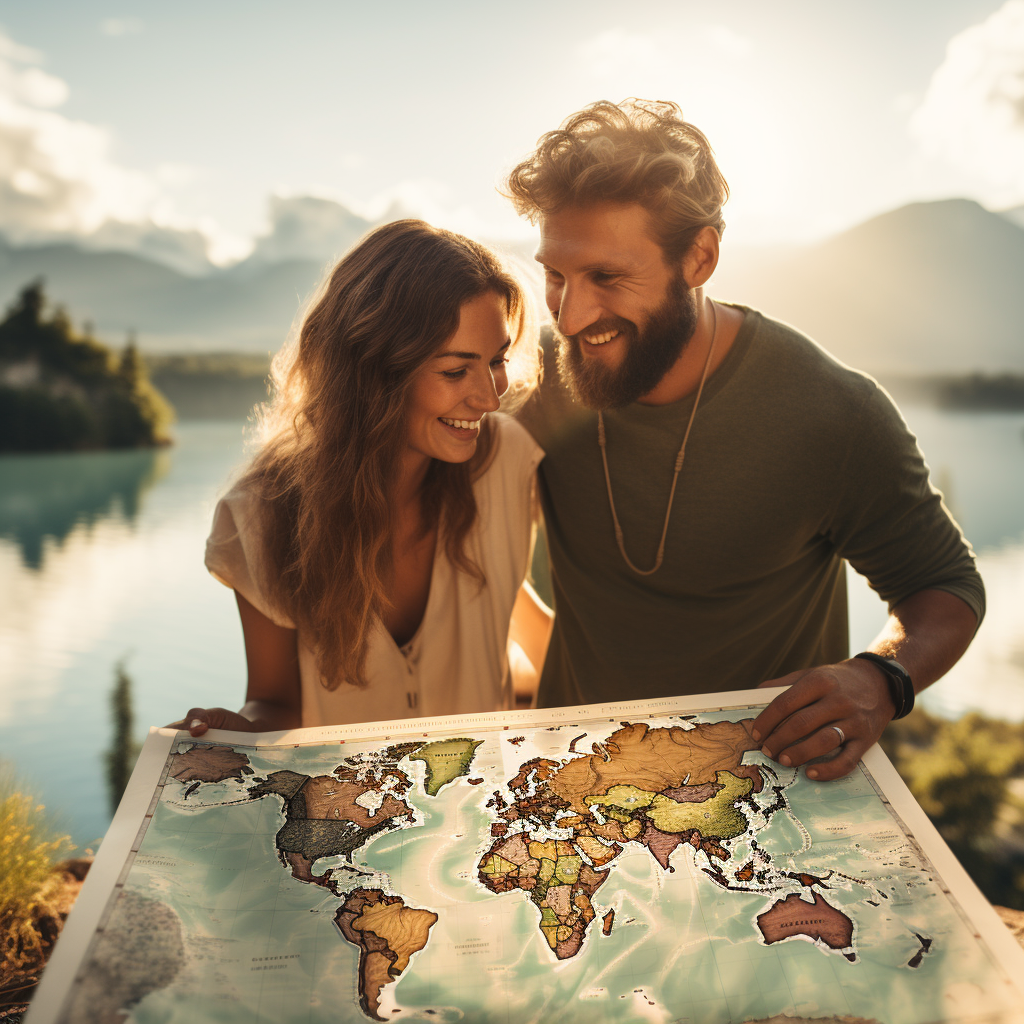 A couple holding a world map symbolizing planning