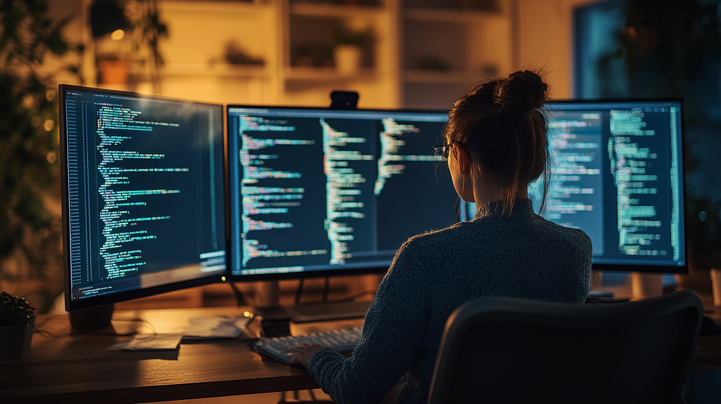 IT specialist coding on a multi-screen workstation.