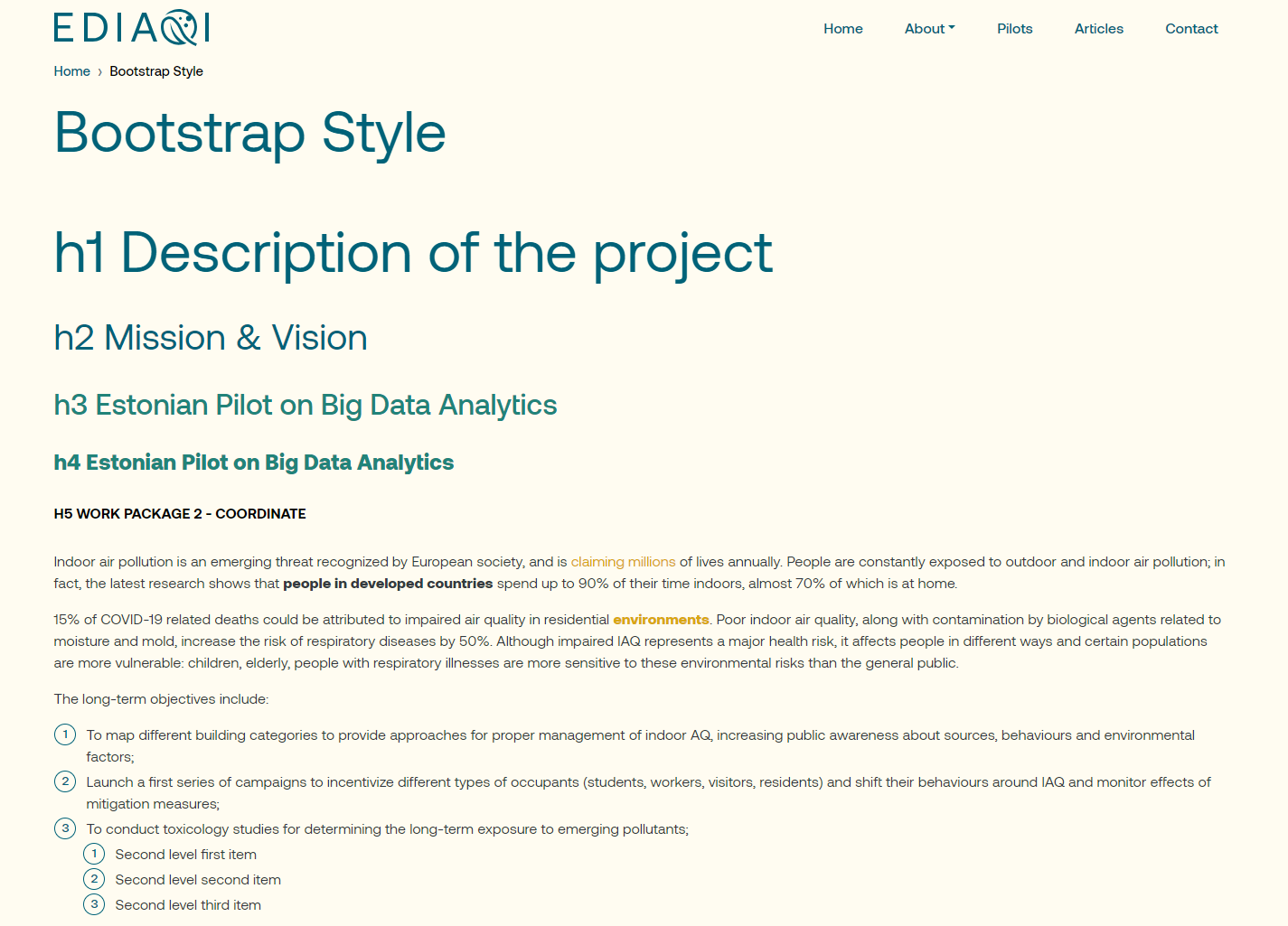 The styling page of EDIAQI generated by a bootstrap plugin to test the styling of an article
