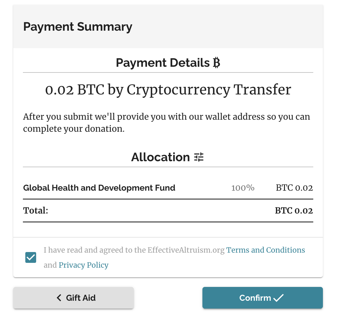 Crypto Donation Flow - Payment Summary Page