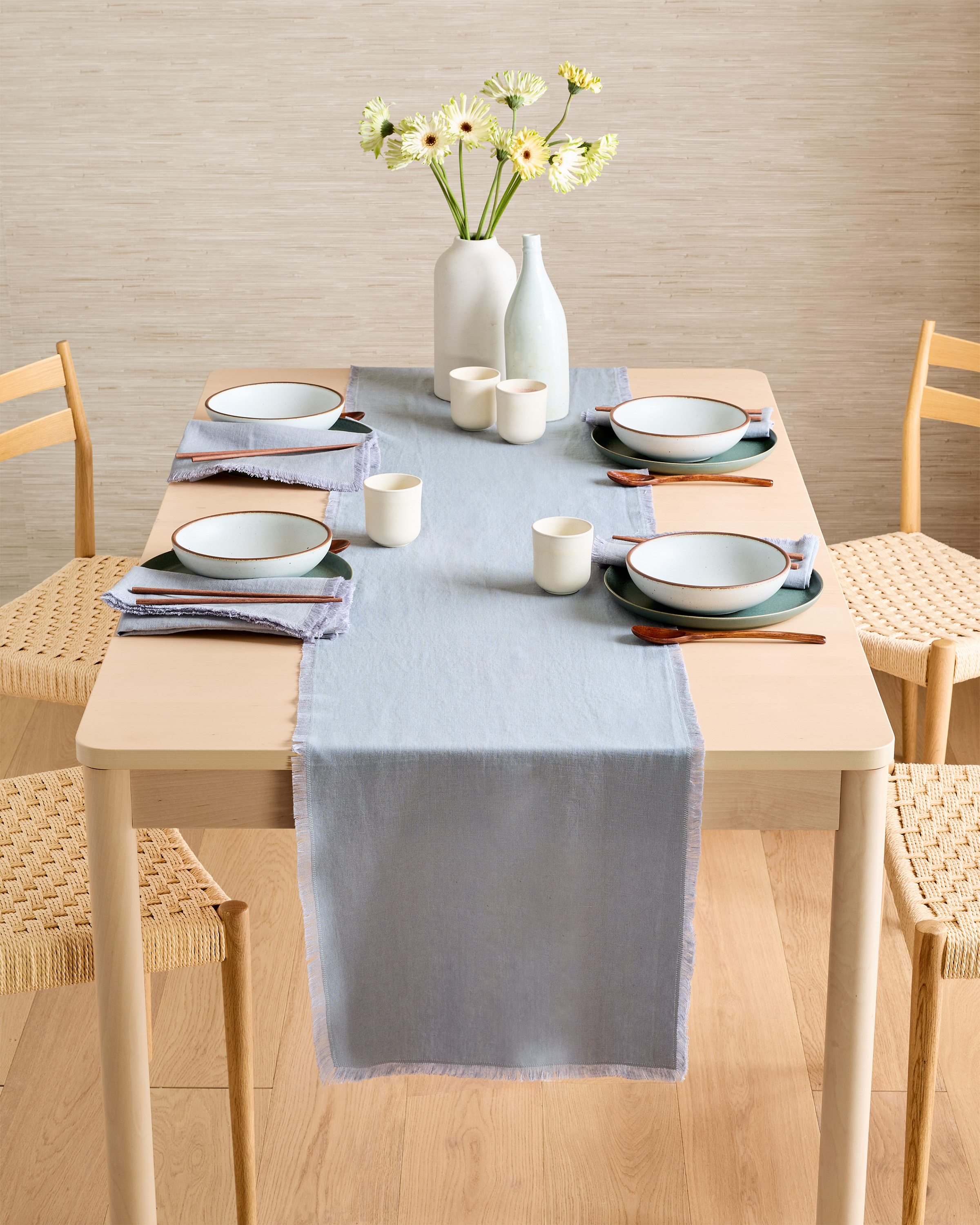 European Linen Fringe Table Runner in Blue Fog