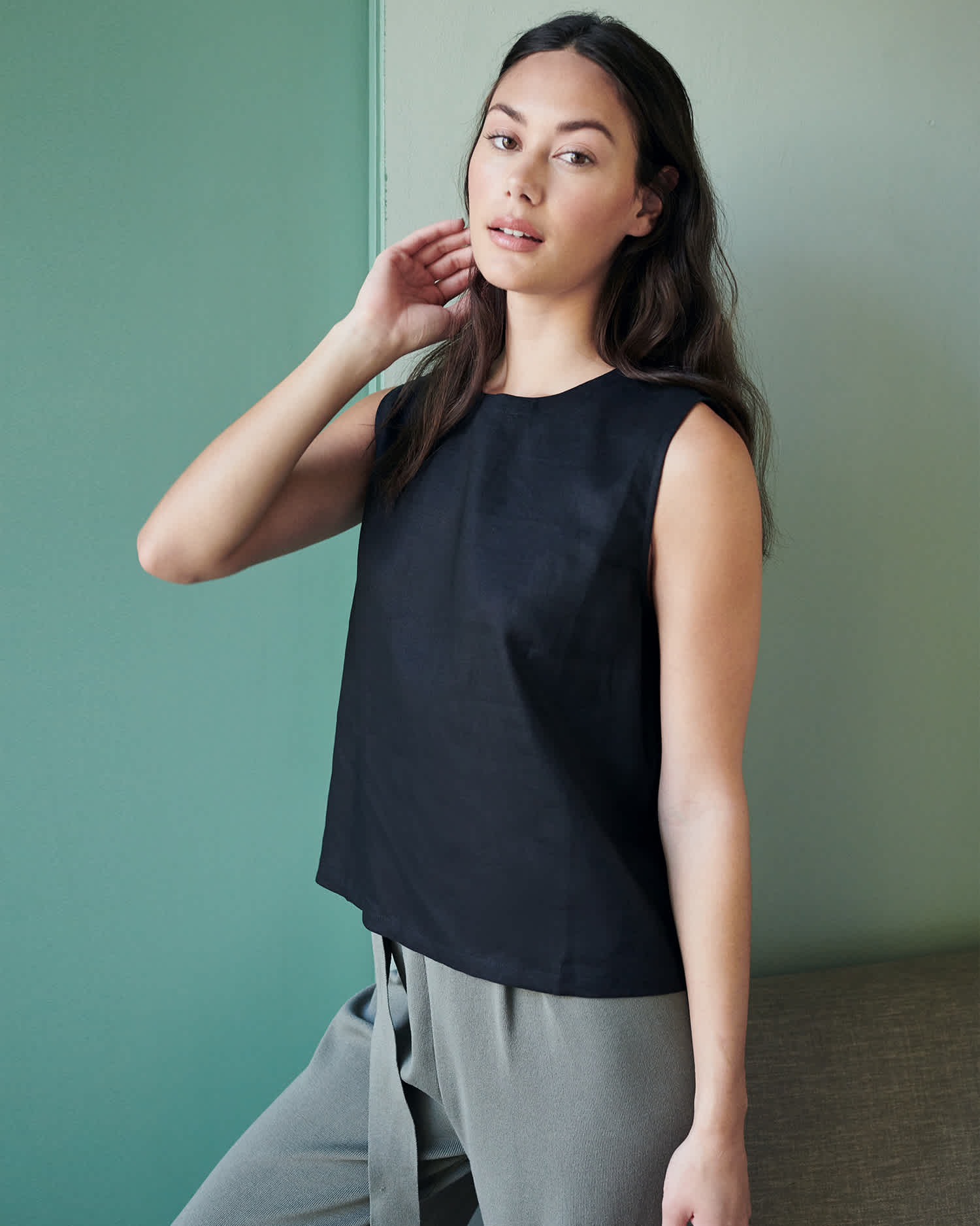 linen tank top & linen pants for women black grey 2