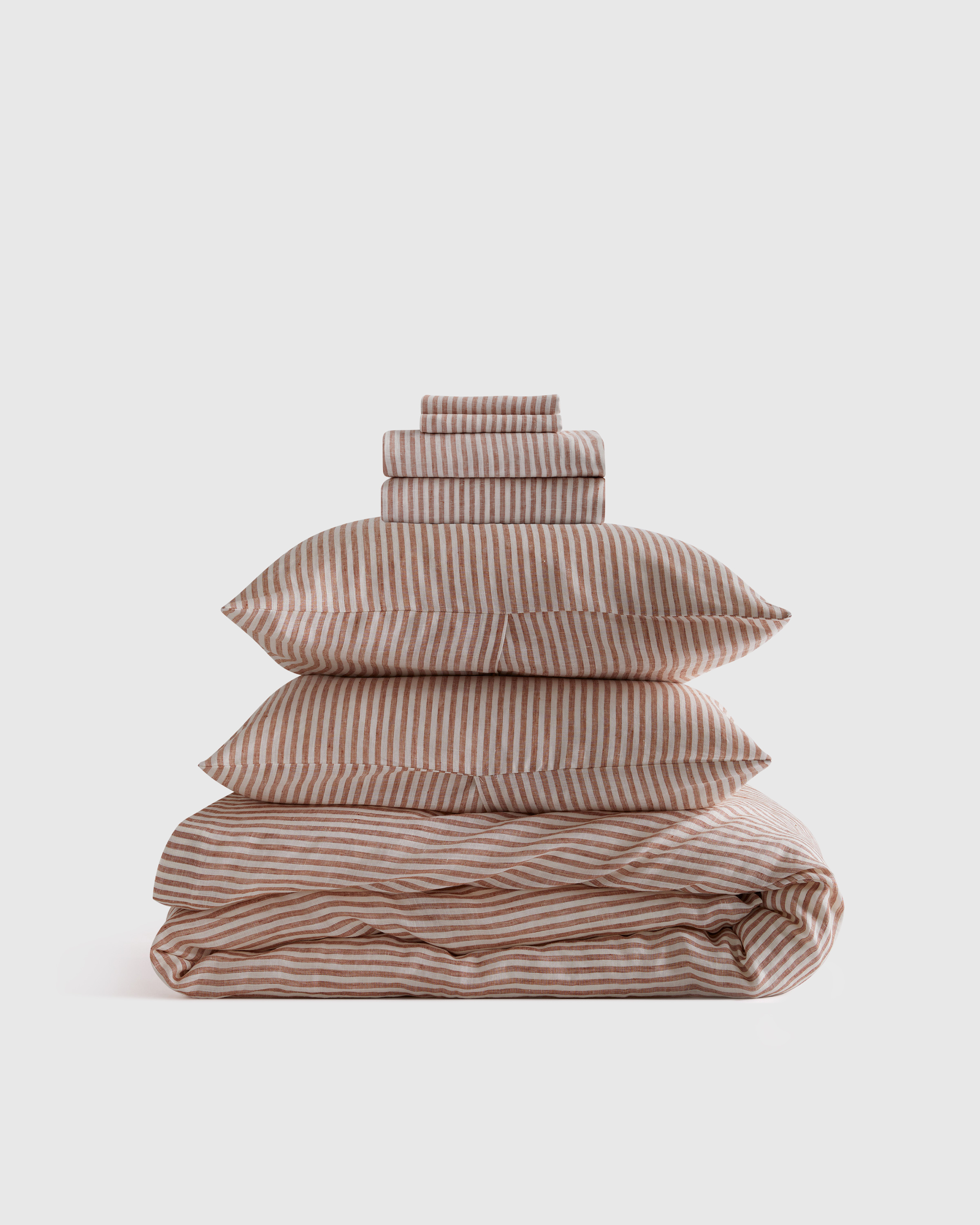 European Linen Stripe Deluxe Bedding Bundle in Terracotta/white Stripe