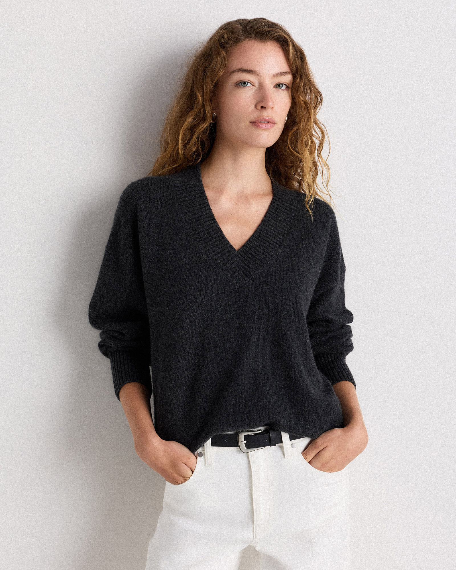 Mongolian Cashmere Oversized V-Neck Sweater in Oatmeal