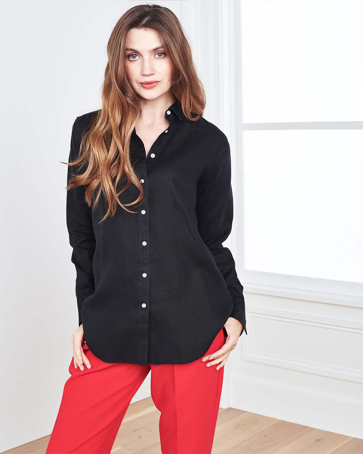 100% European Linen Long Sleeve Shirt - Black - 2