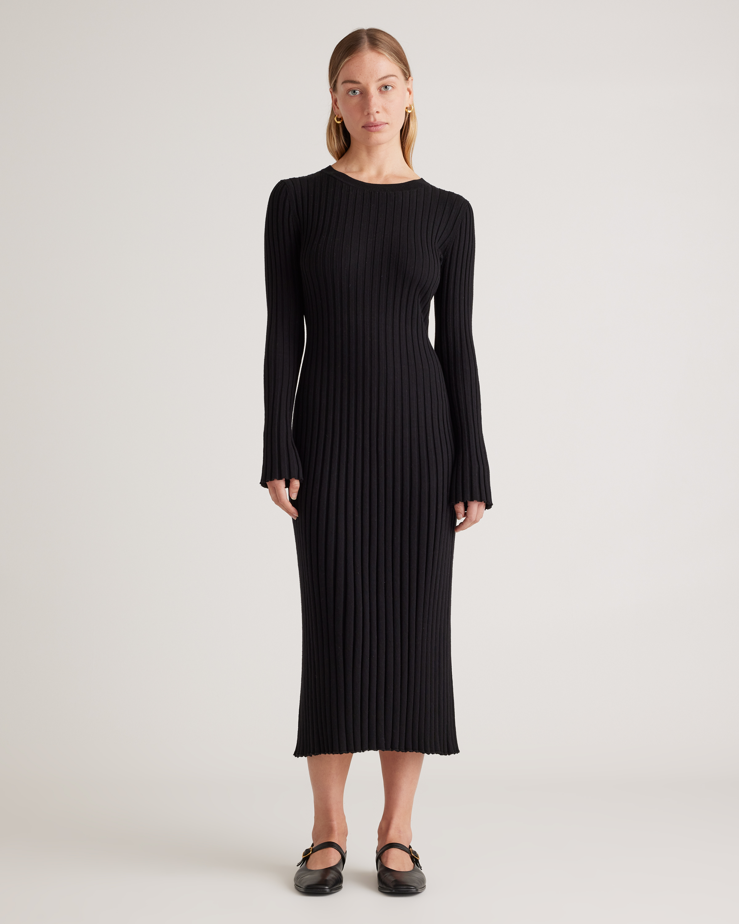 Shop Quince Women's Cotton Cashmere Ribbed Long Sleeve Crew Midi Dress In Black