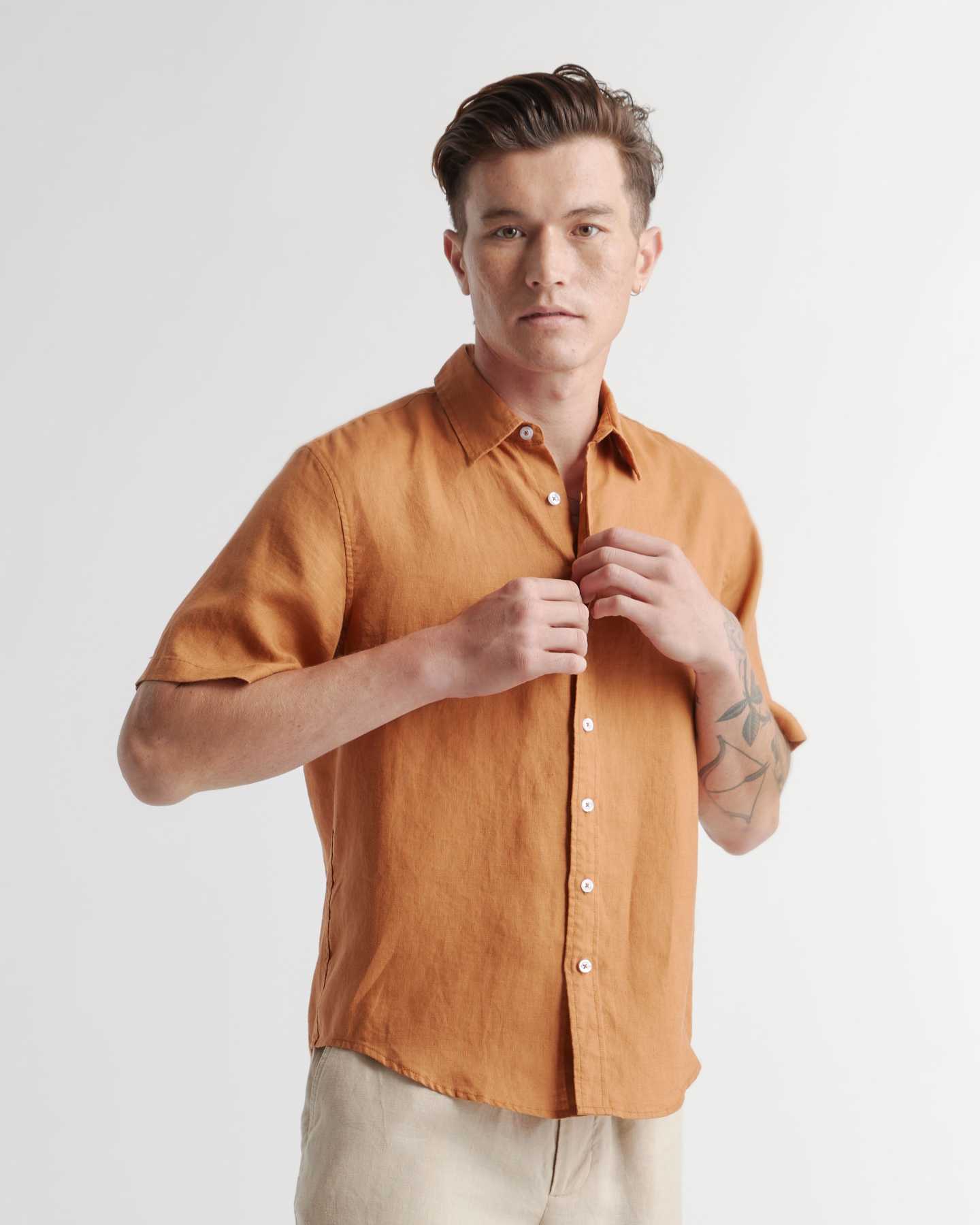 100% European Linen Short Sleeve Shirt - Terracotta - 3