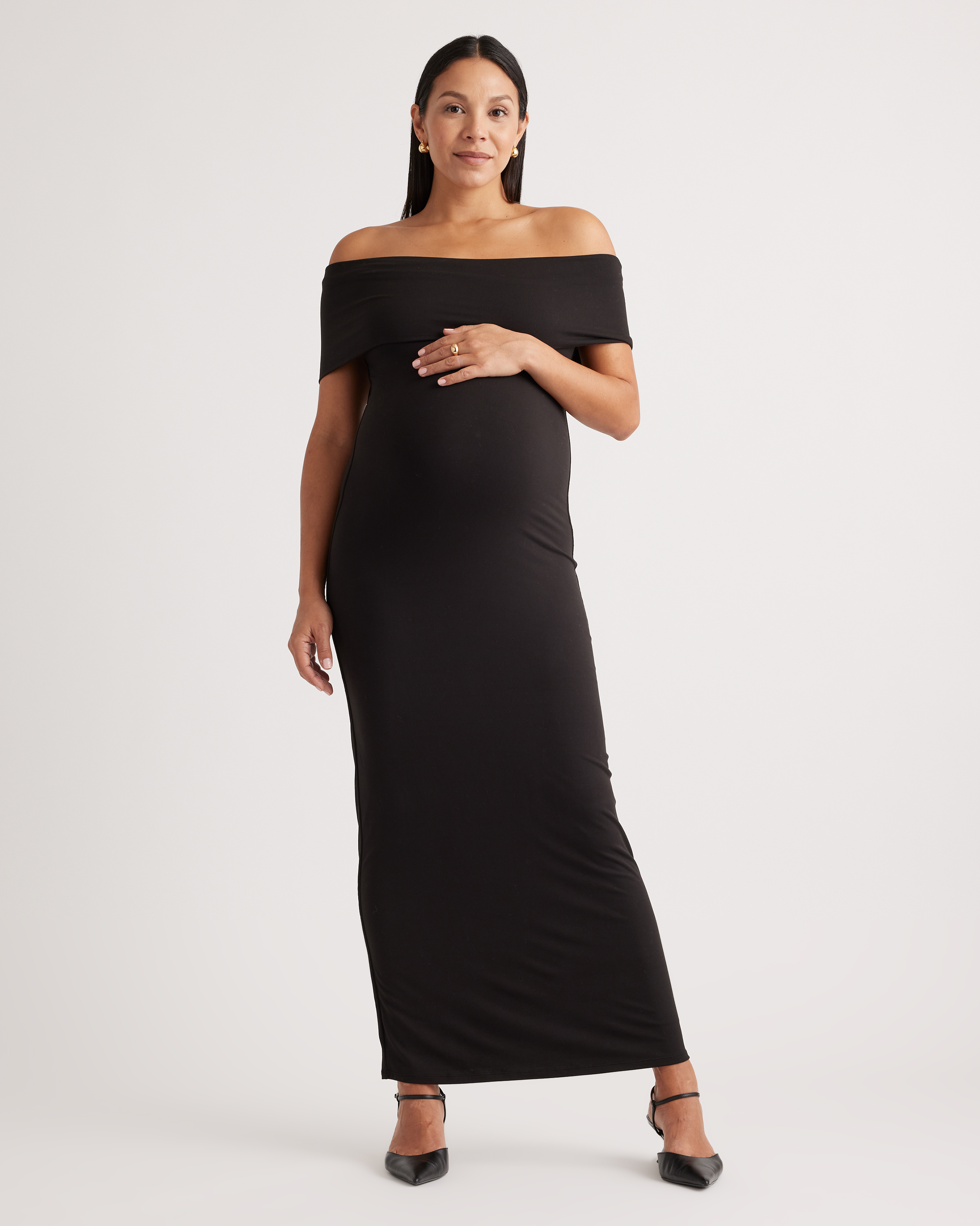 Quince Women's Recycled Knit Maternity Off-the-shoulder Midi Dress In Black