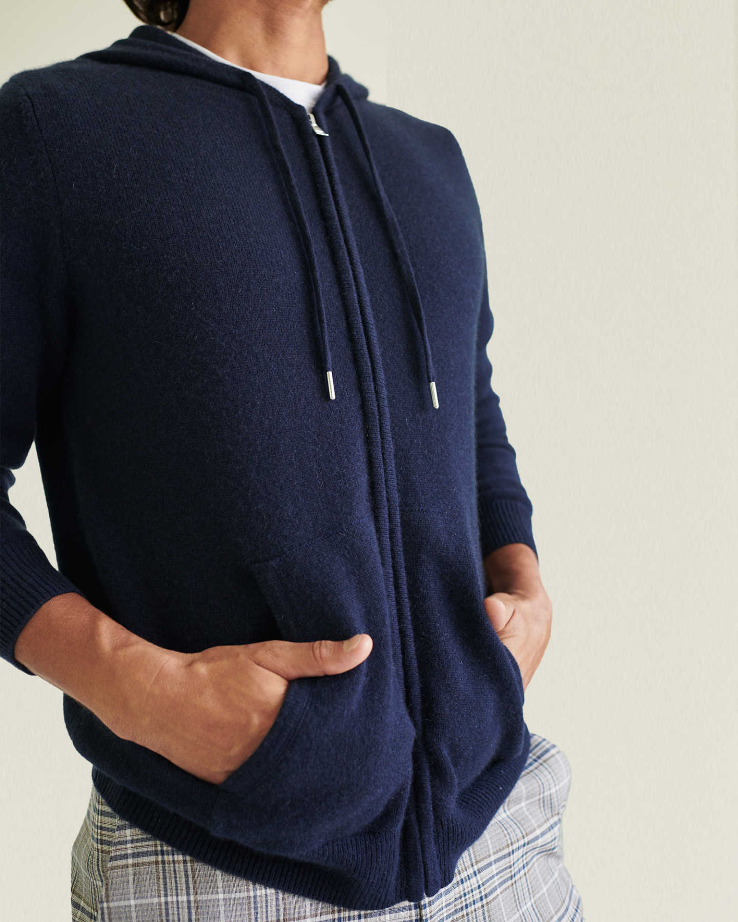 mens navy cashmere zip up hoodie hands in pockets