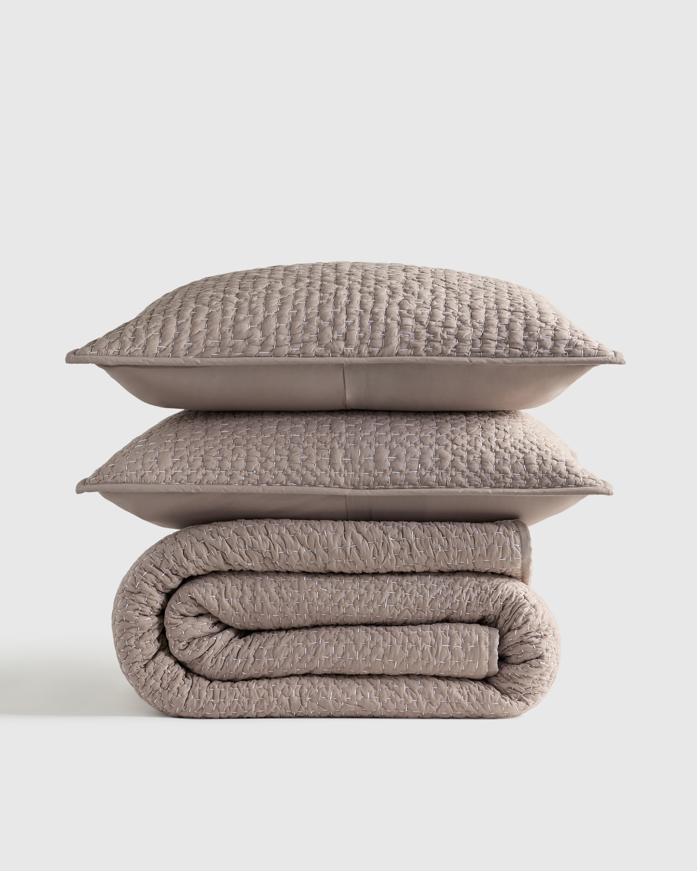 Organic Cotton Hand Stitched Quilt Set - Stone, Full/Queen
