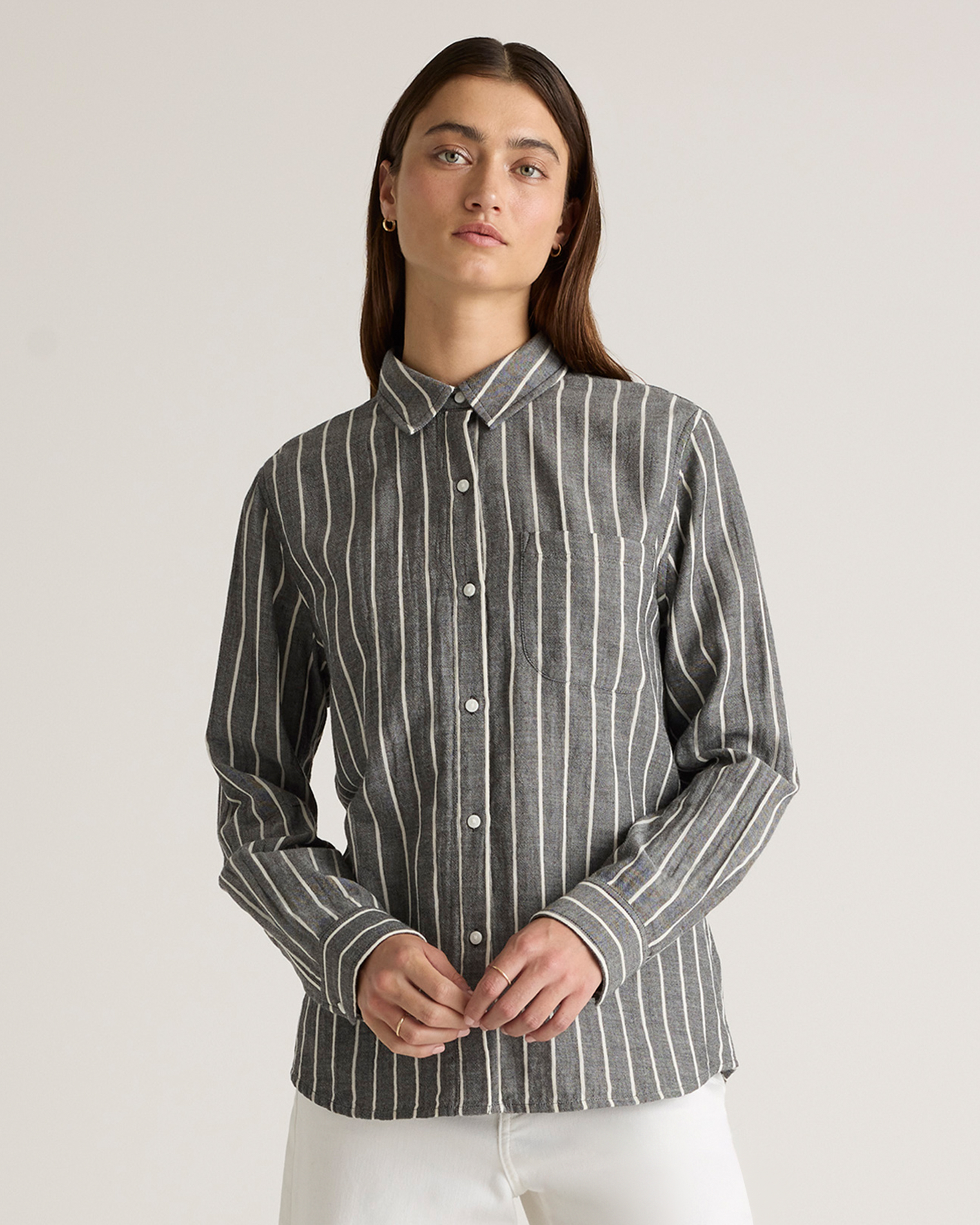 Shop Quince Women's Gauze Long Sleeve Shirt In Faded Black / White Stripe