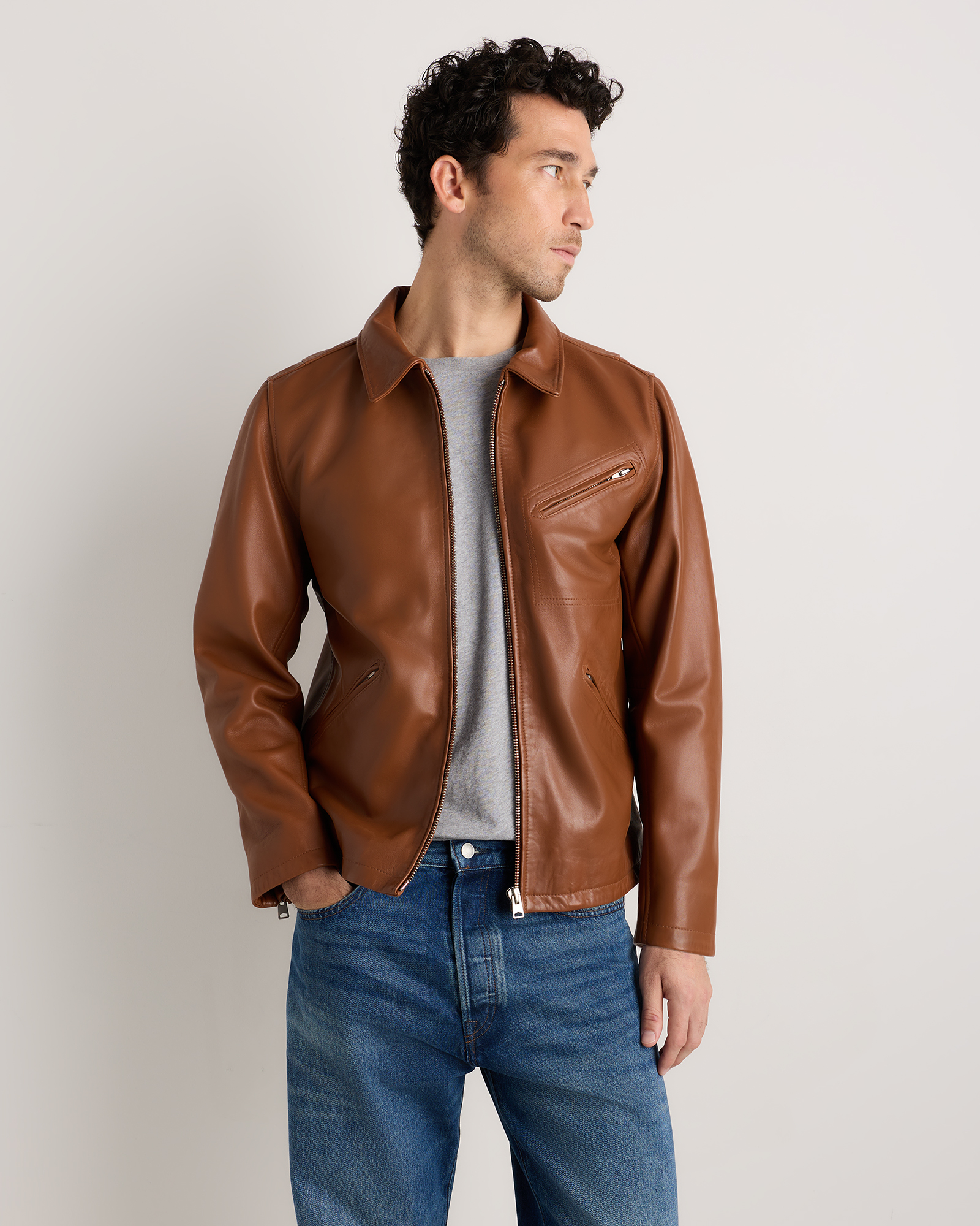 Men's 100% Washed Leather Moto Jacket in Dark Cognac Brown