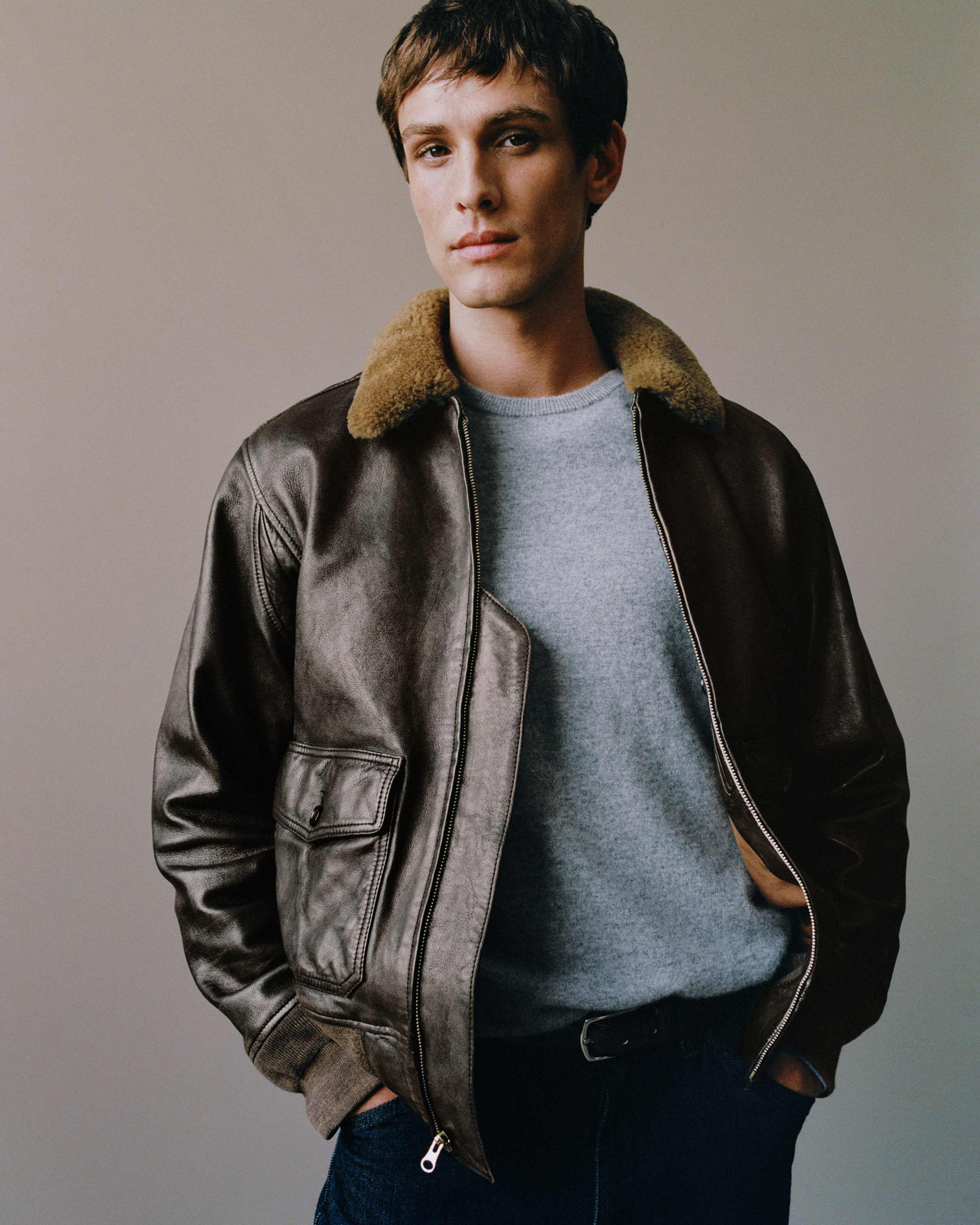 Shearling Collar Leather Flight Jacket