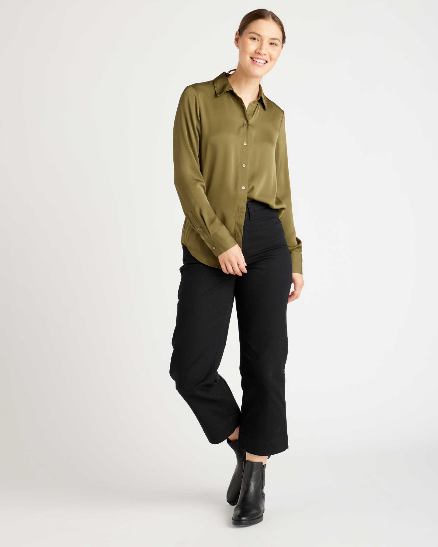 Washable Stretch Silk Blouse - Military Olive - 5