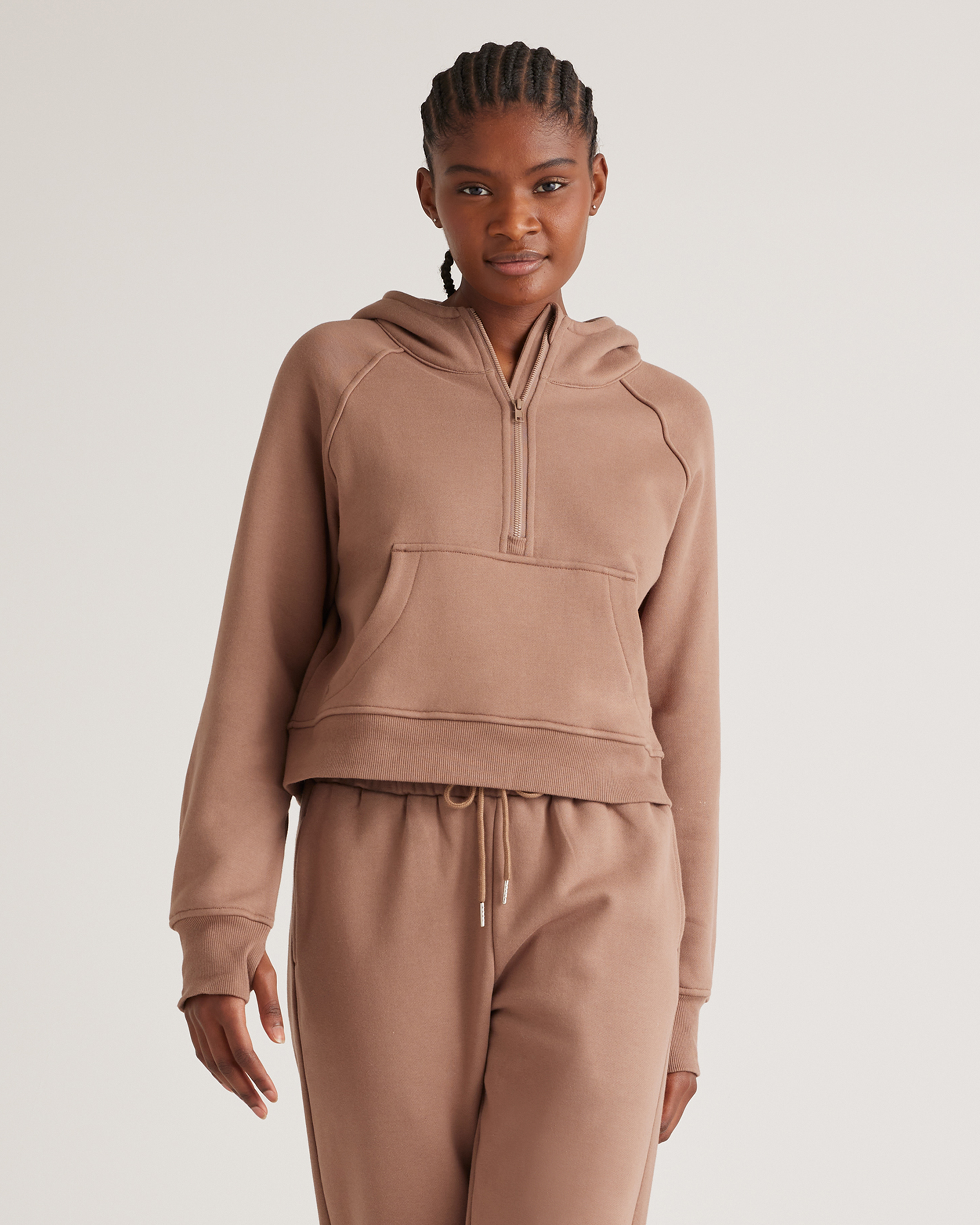 Shop Quince Women's Organic Heavyweight Fleece Cropped Half Zip Hoodie In Taupe