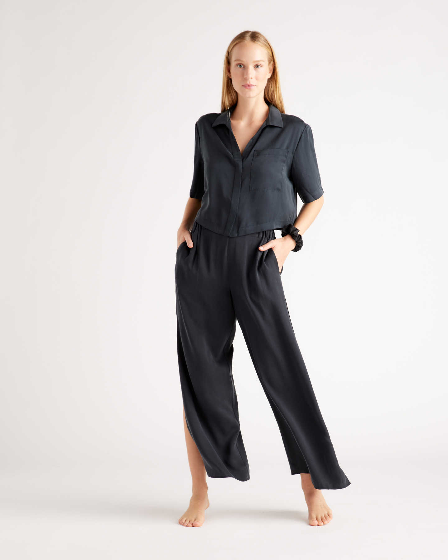 100% Washable Silk Button Up & Pants Pajama Set - Black - 1 - Thumbnail