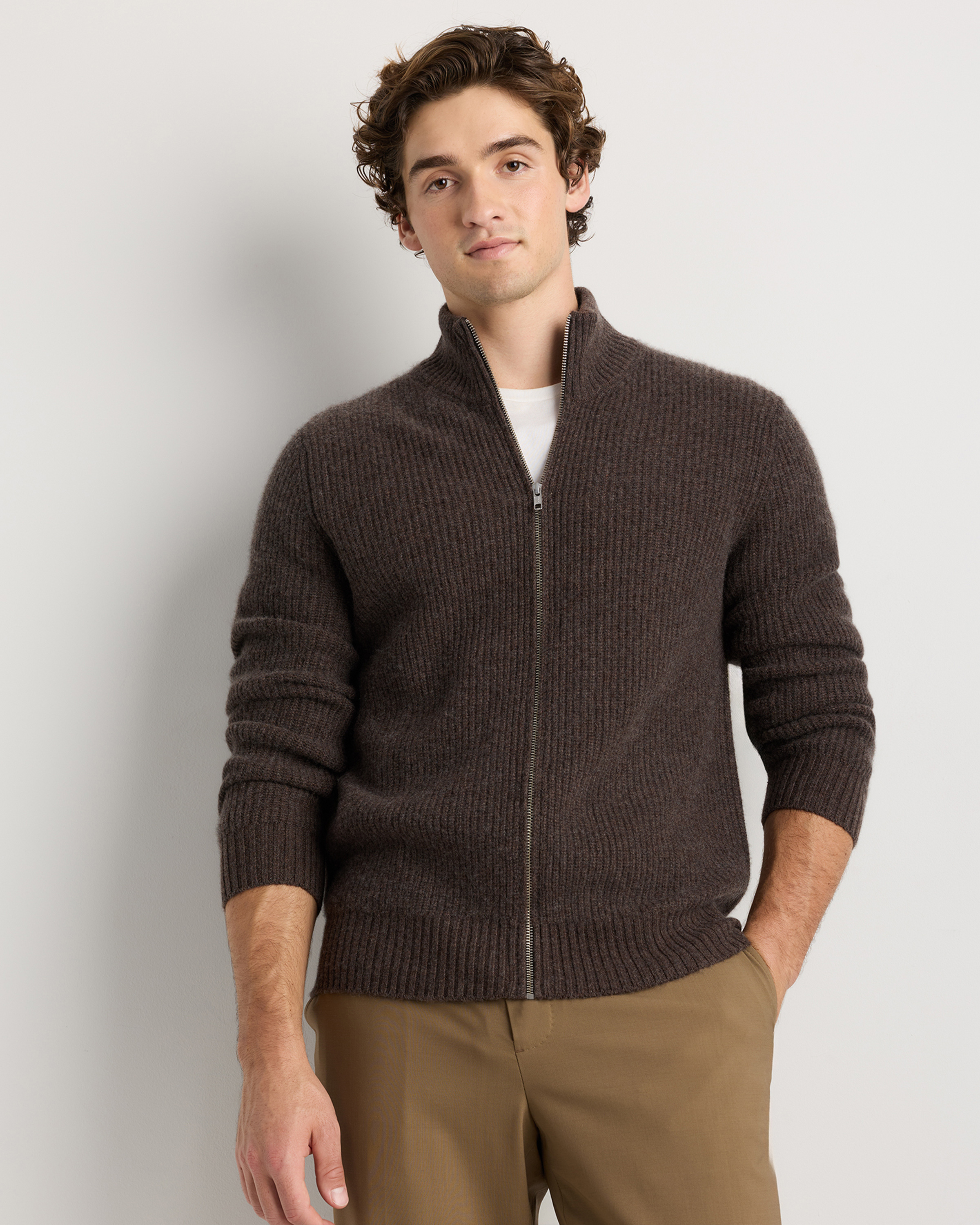 Mongolian Cashmere Fisherman Full Zip Sweater in Heather Truffle Brown