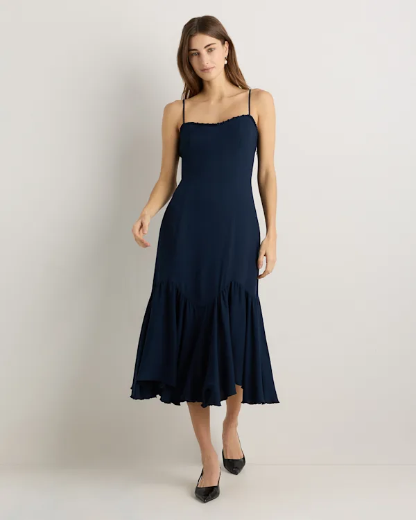 Lightweight Crepe Pleated Hem Midi Dress