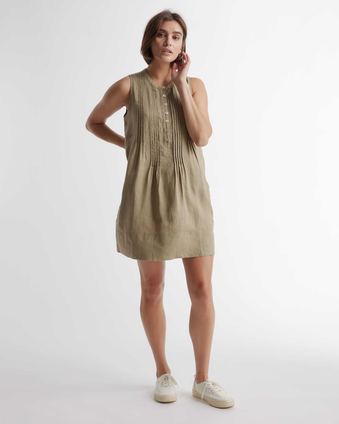100% European Linen Sleeveless Swing Dress - Olive - 4
