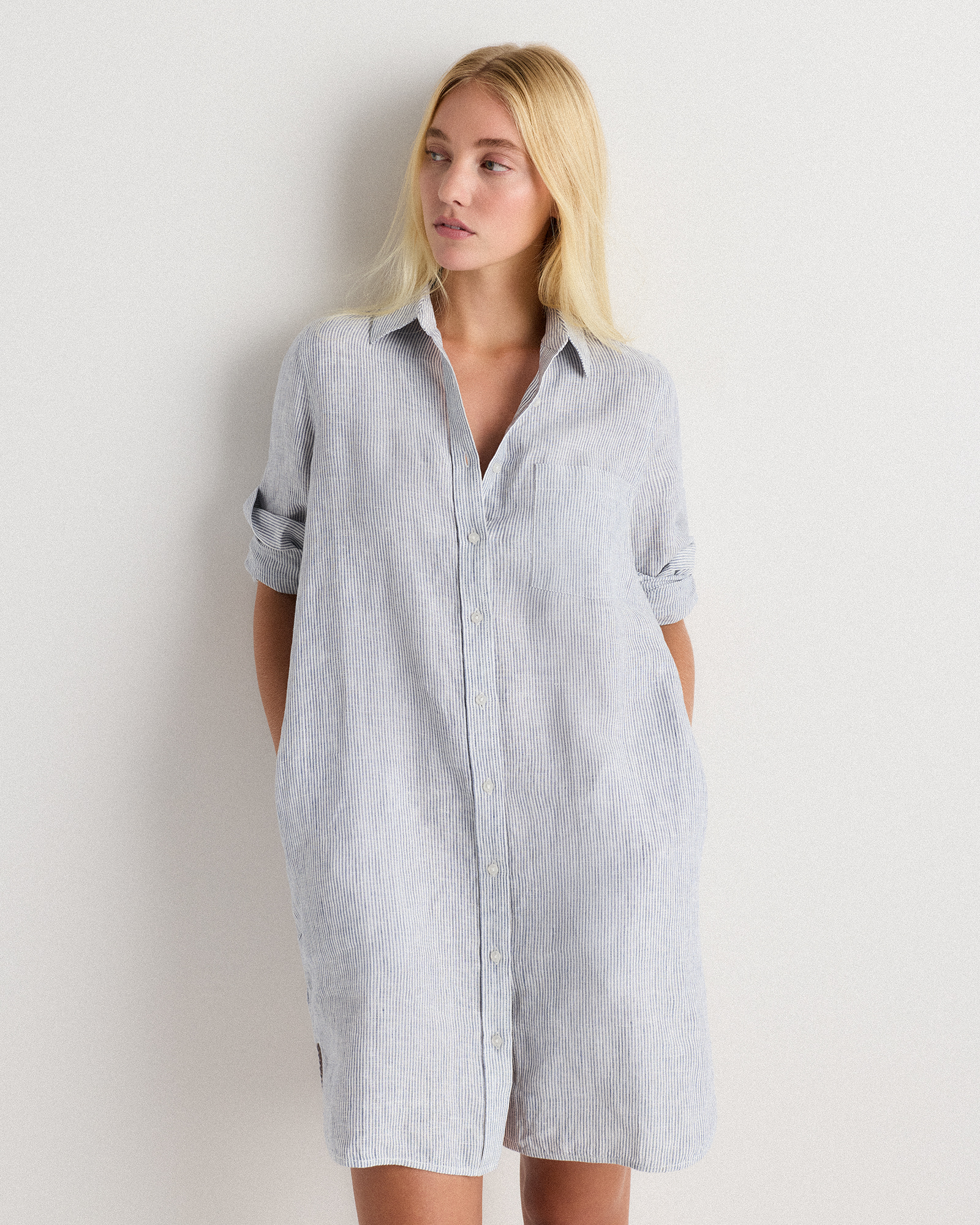 100% European Linen Shirt Dress in White