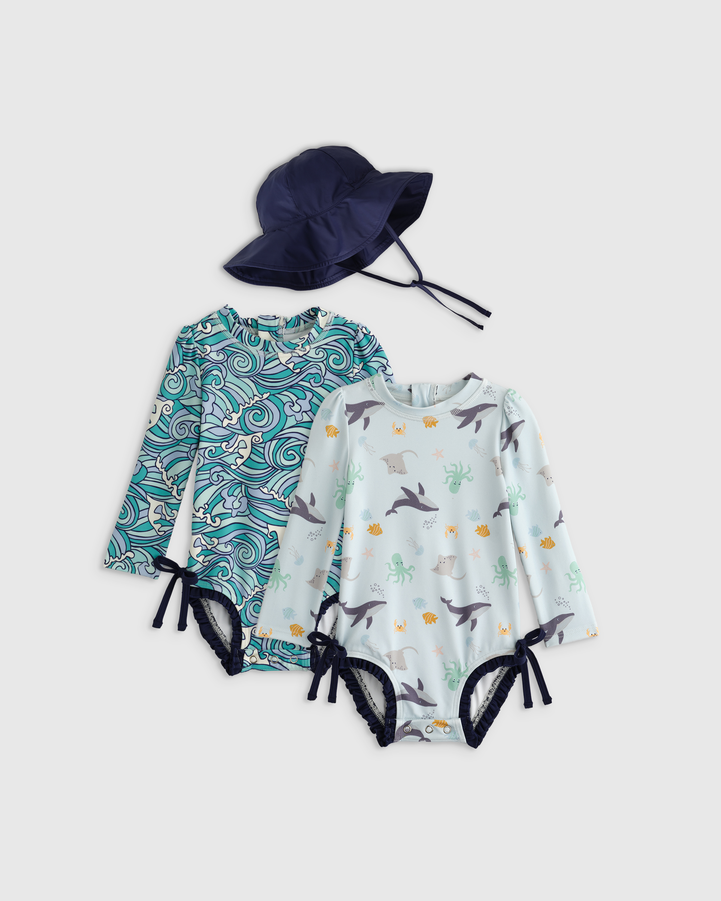 Shop Quince Sunsafe Ruffle One-piece Rash Guard & Hat Set In Under The Sea/waves