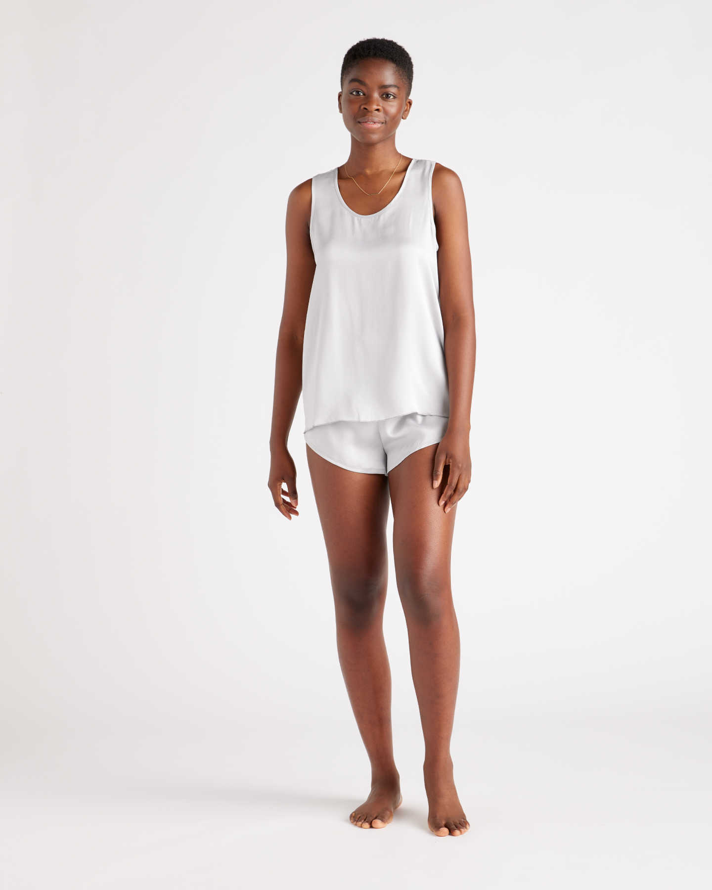 100% Washable Silk Tank & Shorts Pajama Set - Light Grey - 3