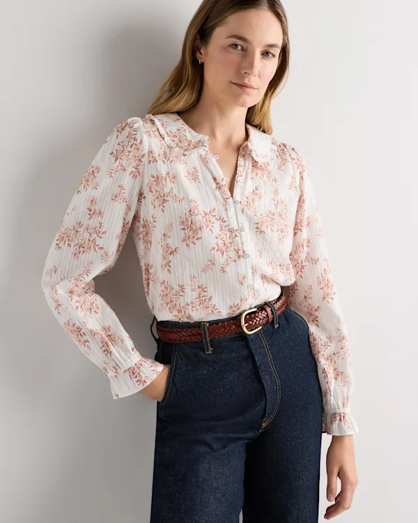 Embroidered Cotton Ruffle Collar Long Sleeve Blouse