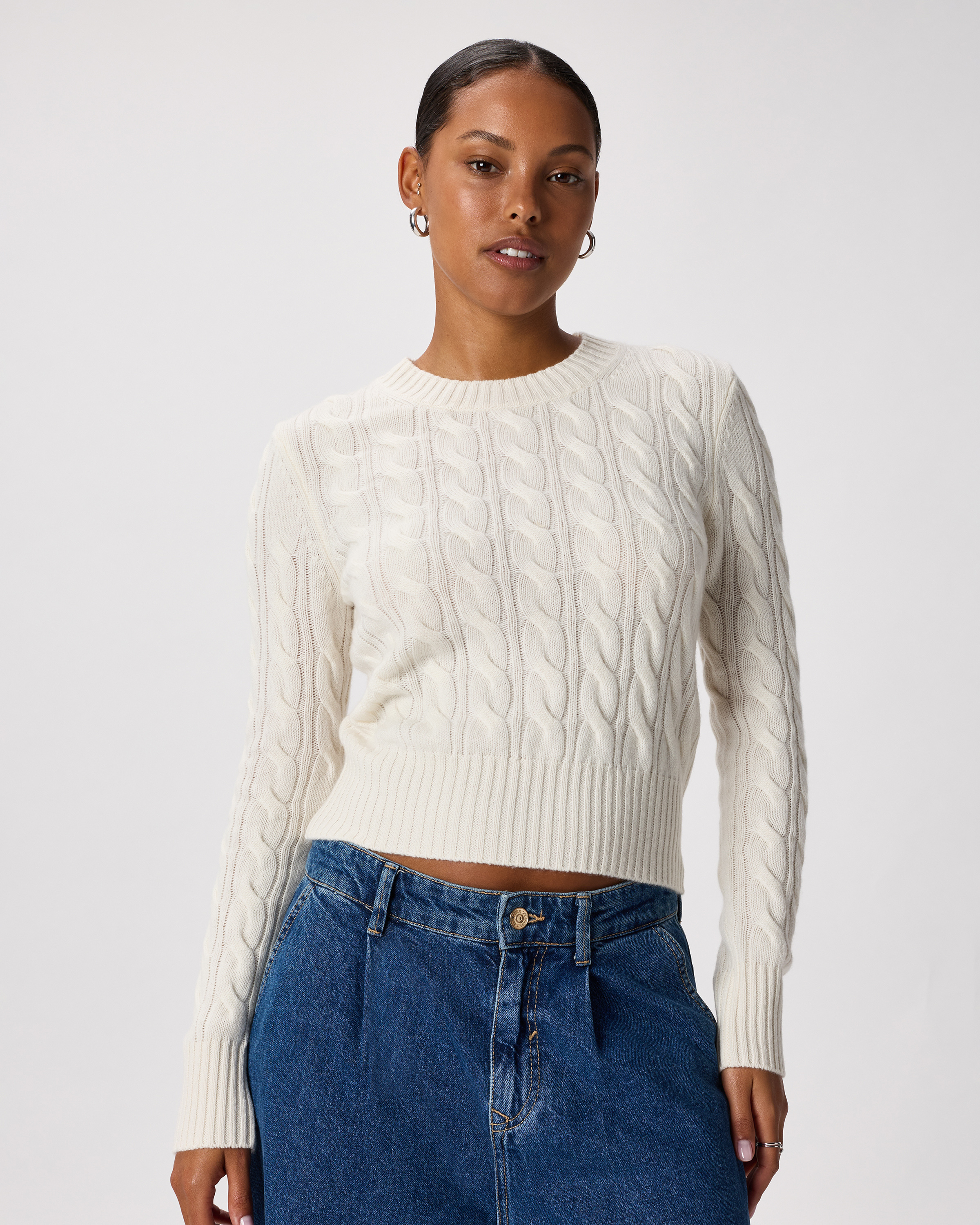 Mongolian Cashmere Shrunken Cable Crewneck Sweater in Ivory