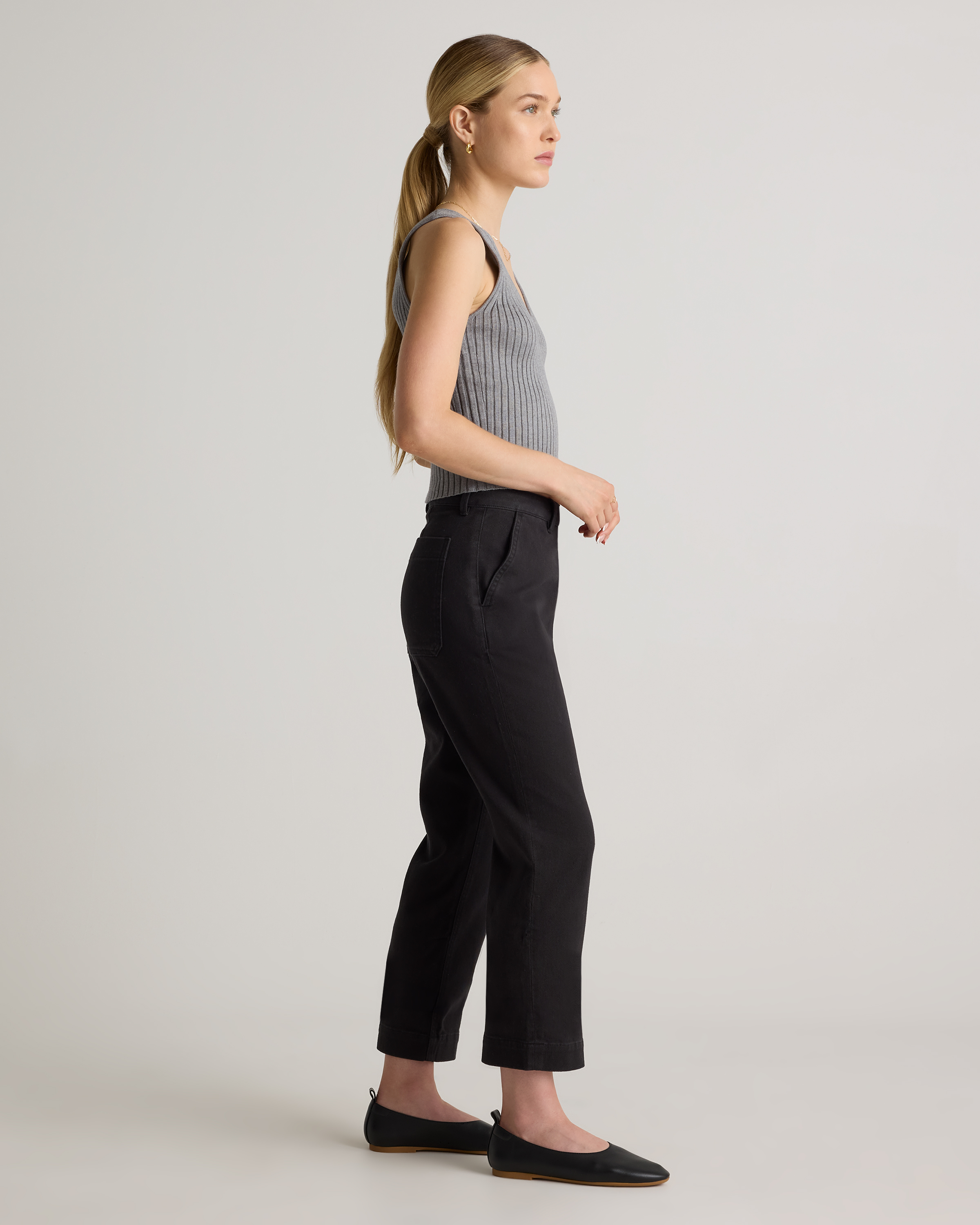 Organic Stretch Cotton Twill Straight Leg Cropped Pants
