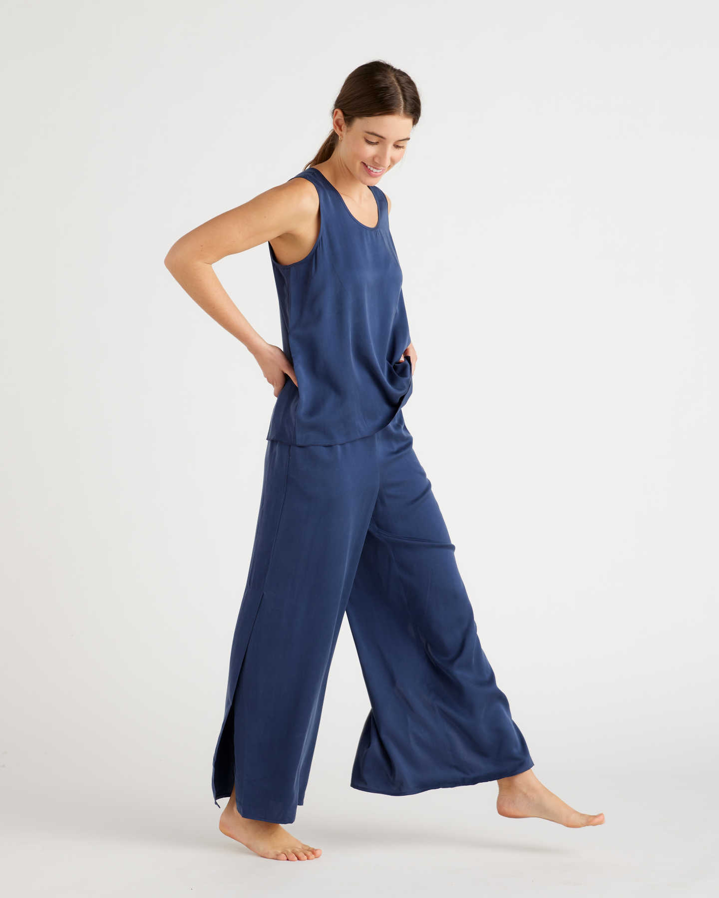 100% Washable Silk Tank & Pants Pajama Set - Indigo - 3 - Thumbnail