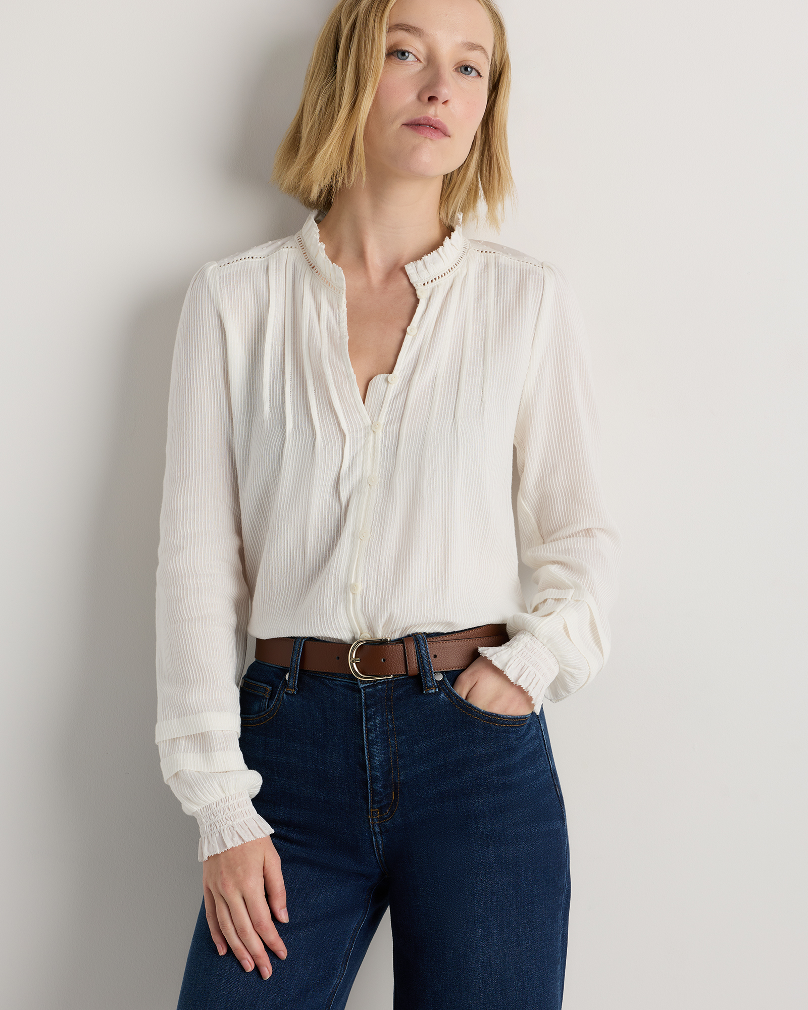 Organic Textured Cotton Peasant Blouse in White