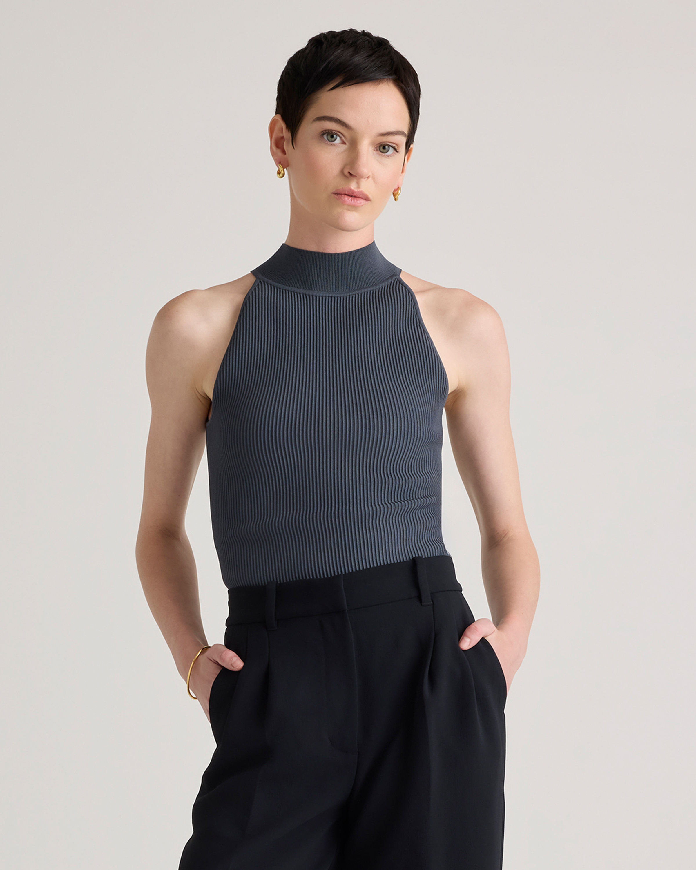 Quince Women's Cropped High Neck Ribbed Knit Tank Top In Grey