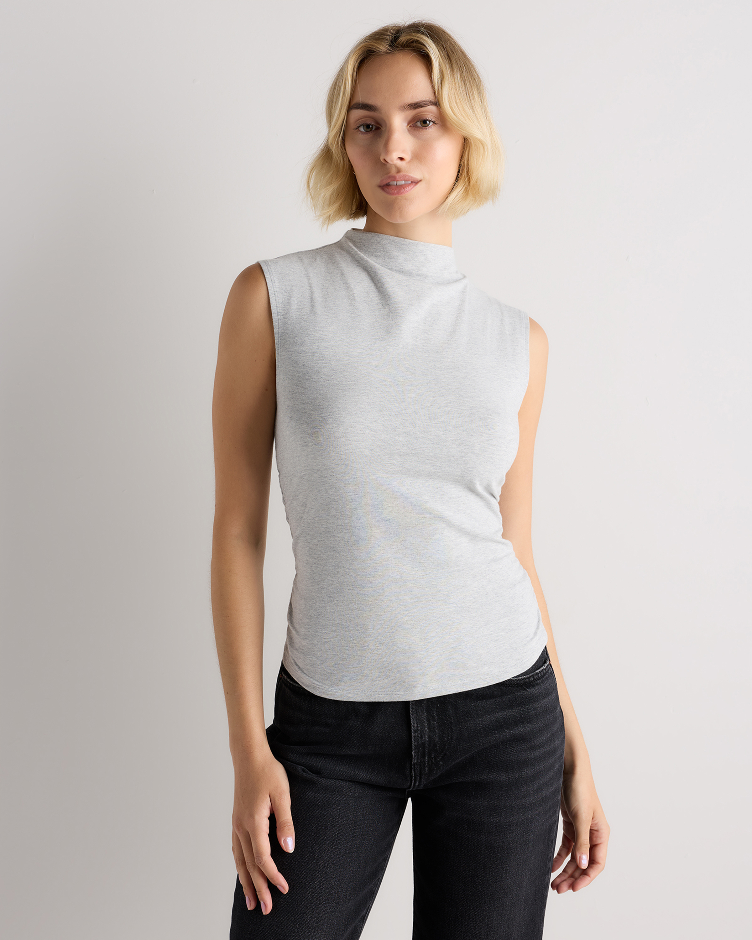 Stretch Cotton Jersey Sleeveless Mock Neck Top