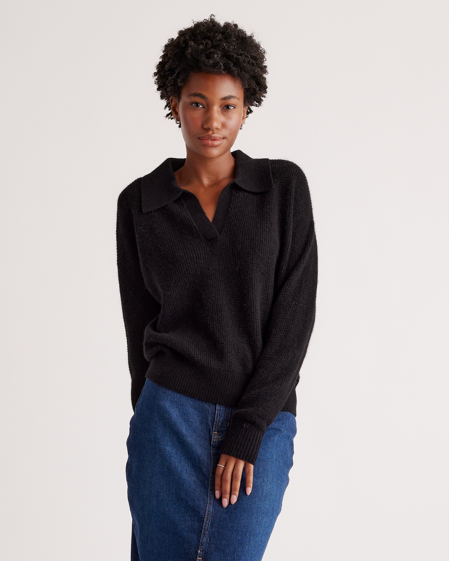 Baby Alpaca-Wool Waffle Stitch Polo Sweater