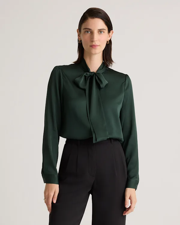 Washable Stretch Silk Tie Neck Blouse 
