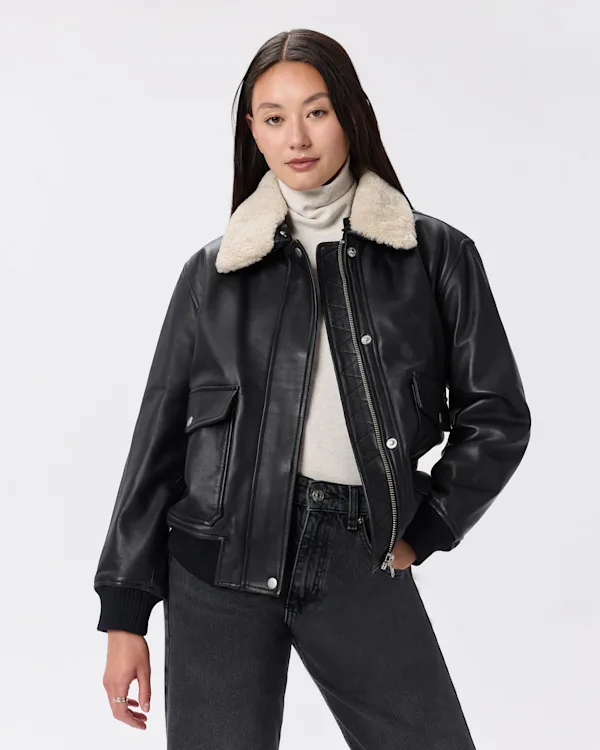 100% Leather Shearling Trim Aviator Jacket 
