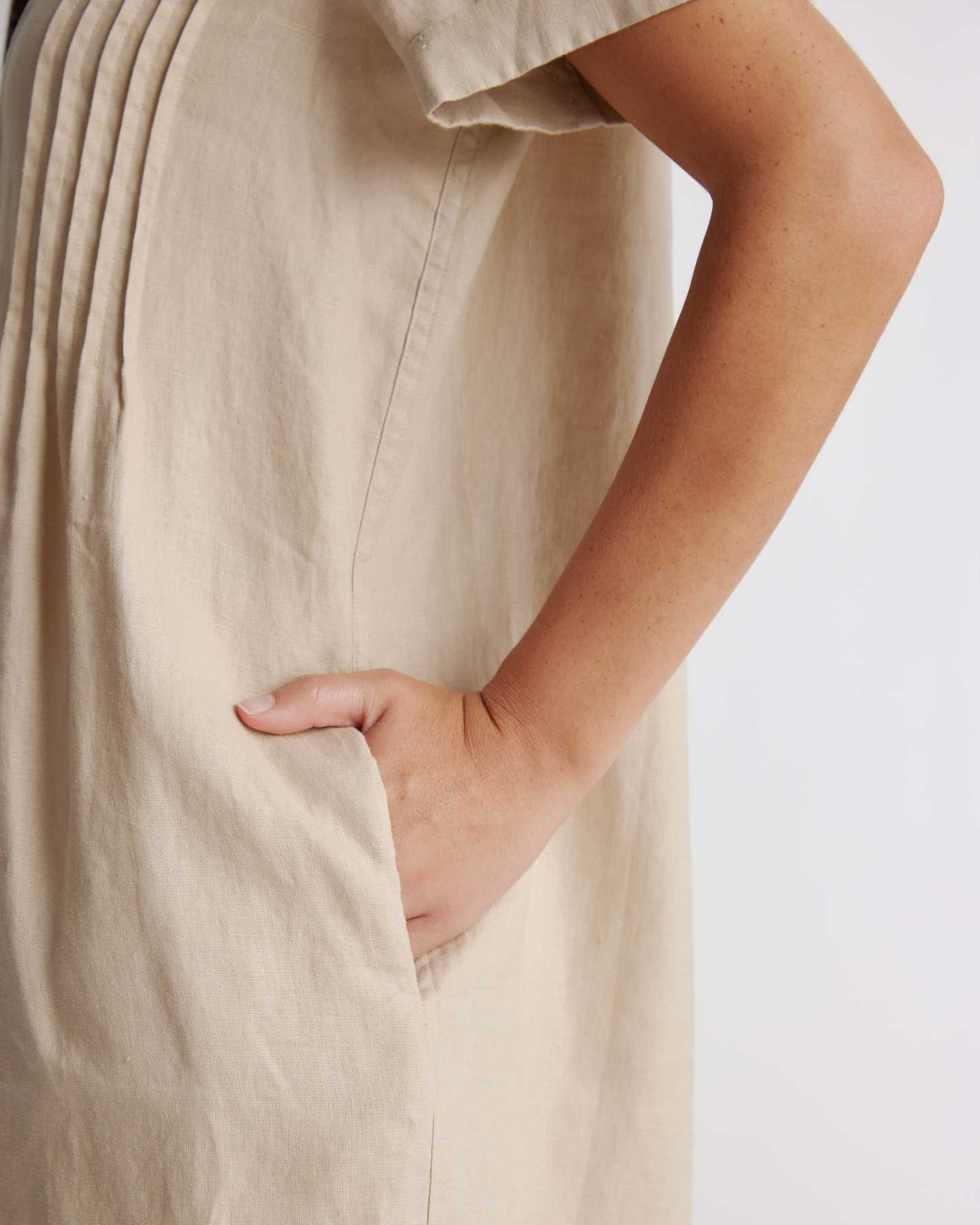 100% European Linen Short Sleeve Swing Dress  - Driftwood - 3 - Thumbnail