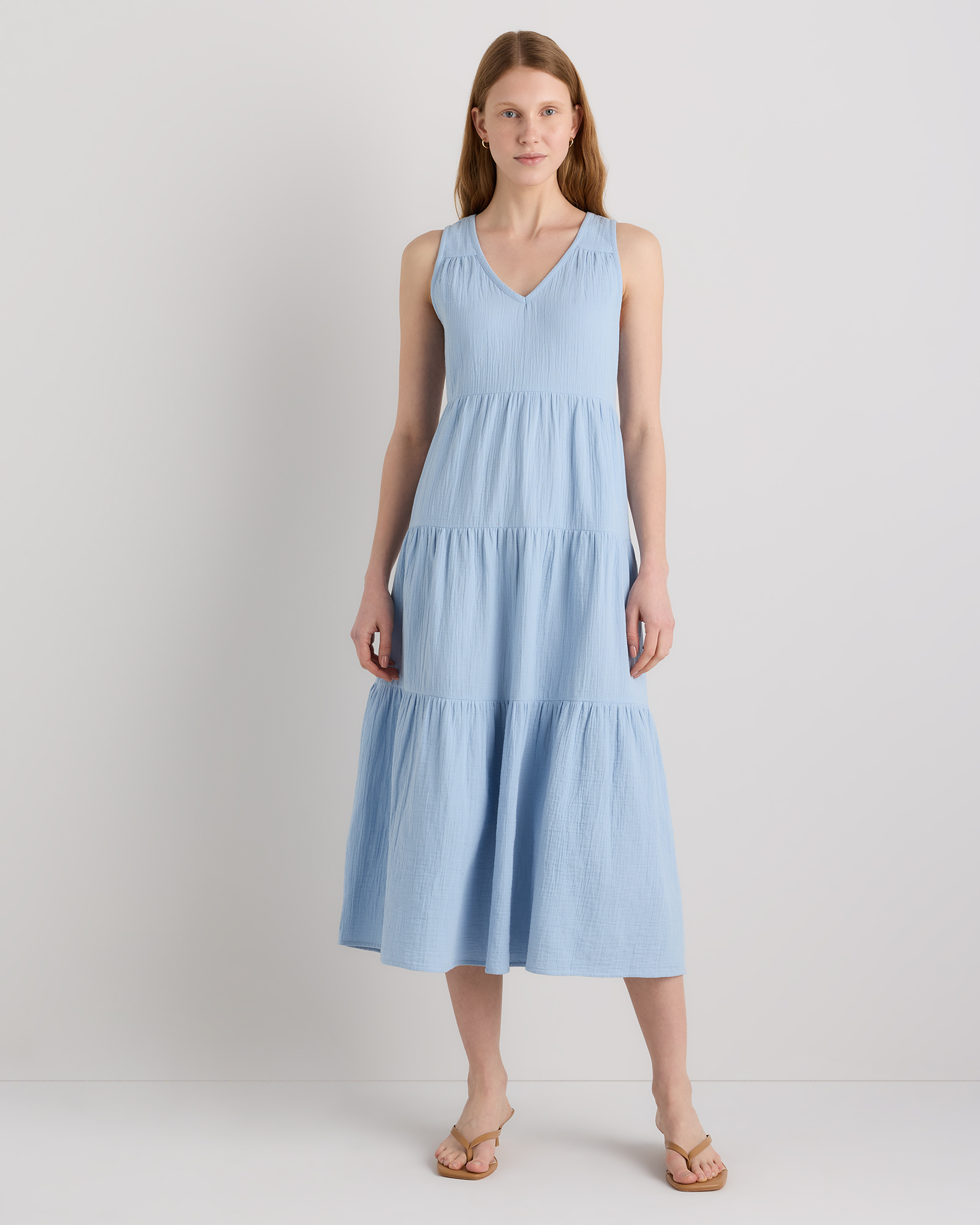 Quince Organic Cotton Gauze Tiered Maxi Dress in Ocean Breeze