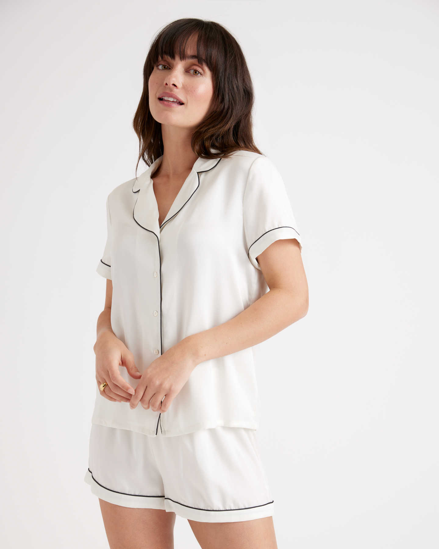 100% Washable Silk Pajama Top with Piping - Ivory - 0 - Thumbnail